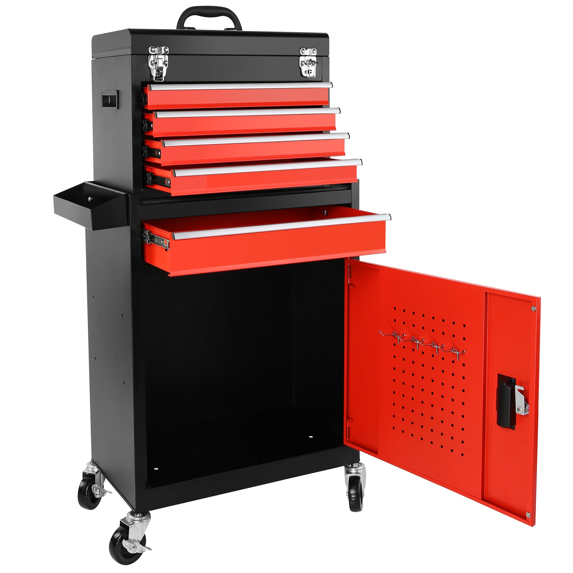 Tool Chest, 5 Drawer Rolling Tool Storage Cabinet With Detachable Top Tool Box, Liner, Universal Lockable Wheels, Locking Mechanism, Metal Tool Cart For Garage Workshop Black Red Steel