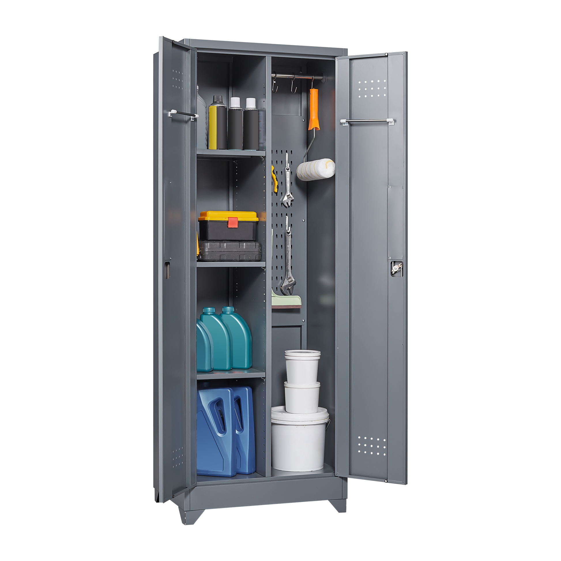 Metal Storage Cabinets, Cleaning Tool Cabinet With Locking Door, Tall Broom Tool Organizer And Storage, Large Storage Cabinet For Kitchen, Pantry, Office, Shop 3 4 Shelves Grey Door Locks Modern Metal