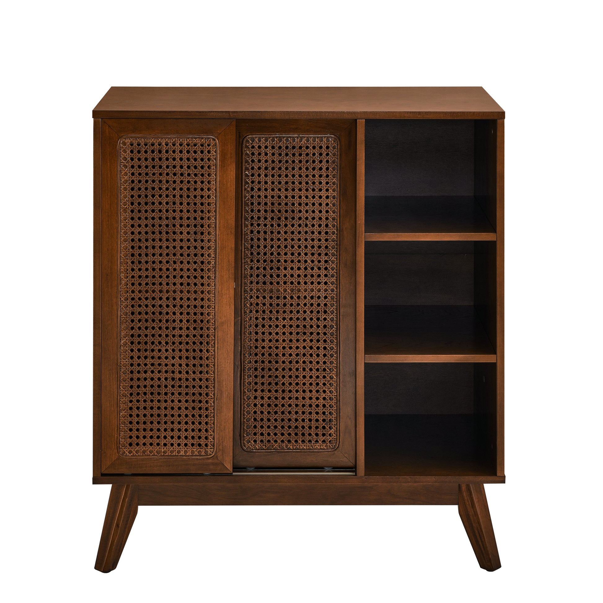 Mid Century Modern Rattan Sideboard Cabinet, Buffet Cabinet For Entryway Hallway Living Room Kitchen Dining Room Bedroom, Adjustable Shelf & Solid Wood Feet & Rattan Cabinet Doors Dark Wood Walnut Mdf