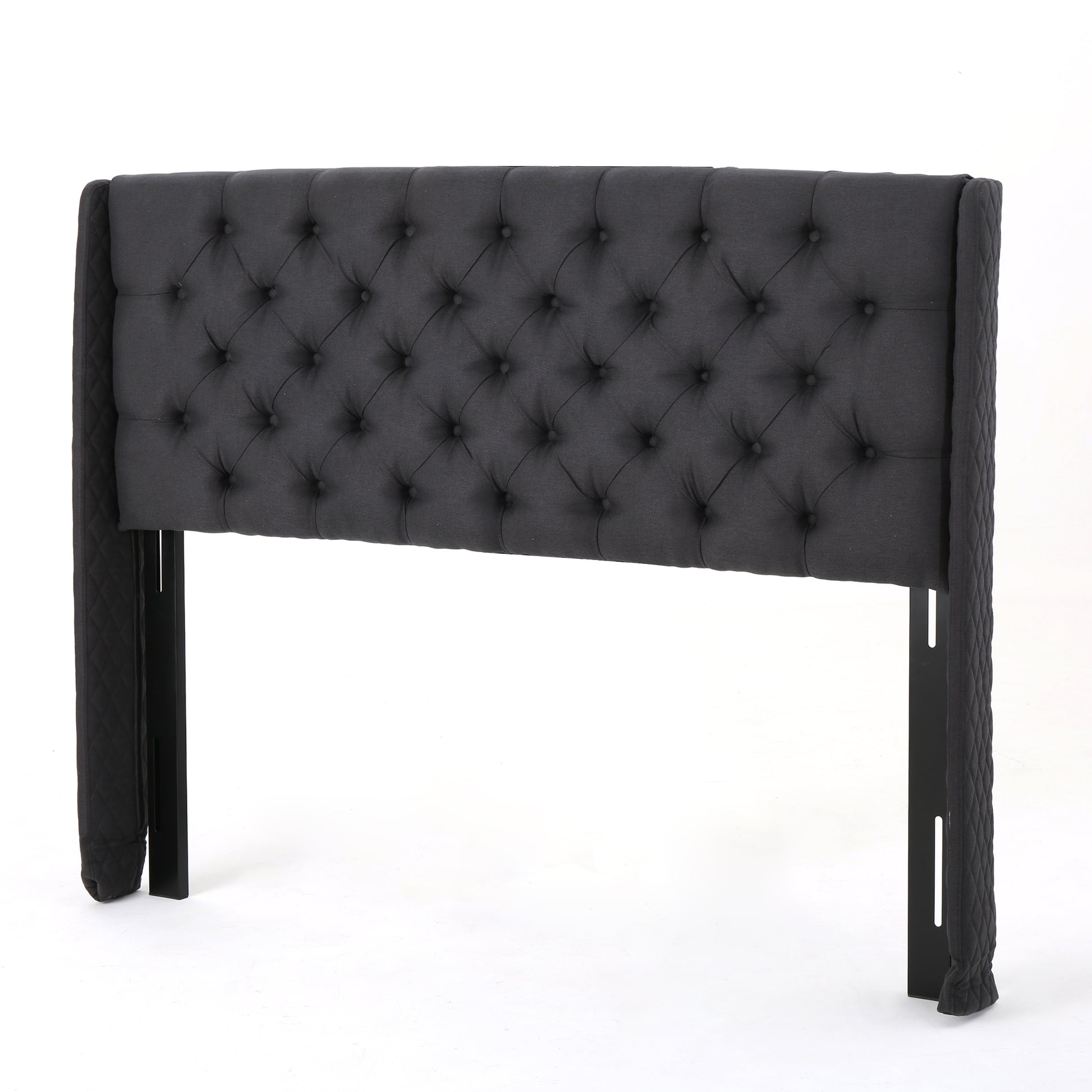 Upholstered Wingback Headboard, Button Tufted Upholstery, Sturdy Structure, King Size, Black Black Fabric