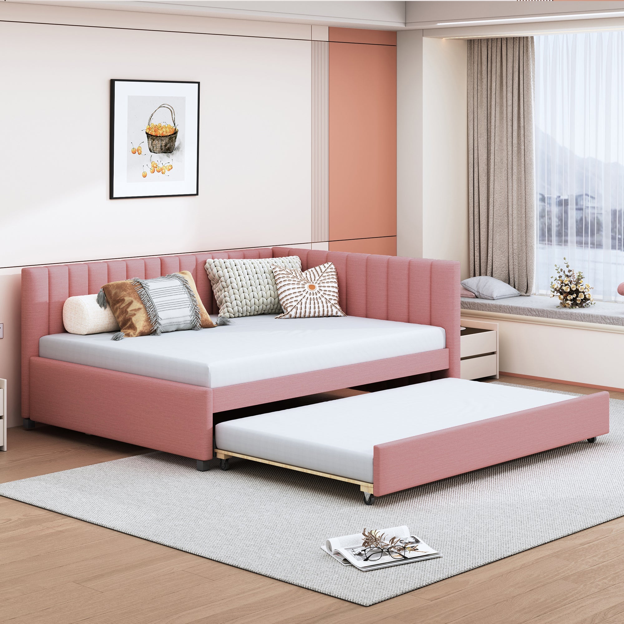 Full Size Upholstered Daybed With Trundle Sofa Bed Frame No Box Spring Needed, Linen Fabric Pink Full Pink Linen