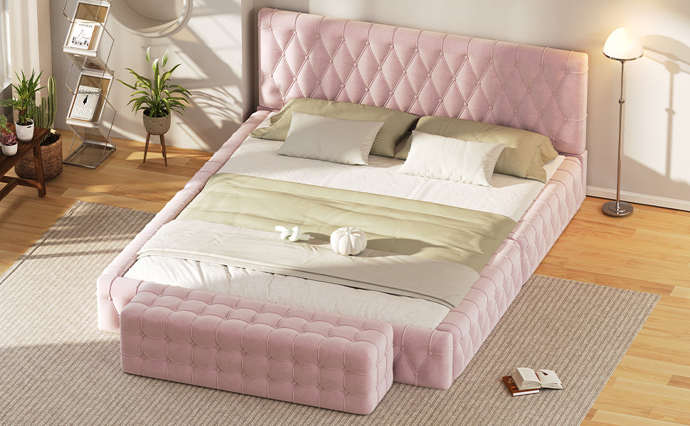 2 Pieces Bedroom Sets Queen Size Upholstered Bed With Rectangular Upholstered Ottoman For Bedroom,Pink Queen Pink 2 Piece Set Solid Wood Mdf