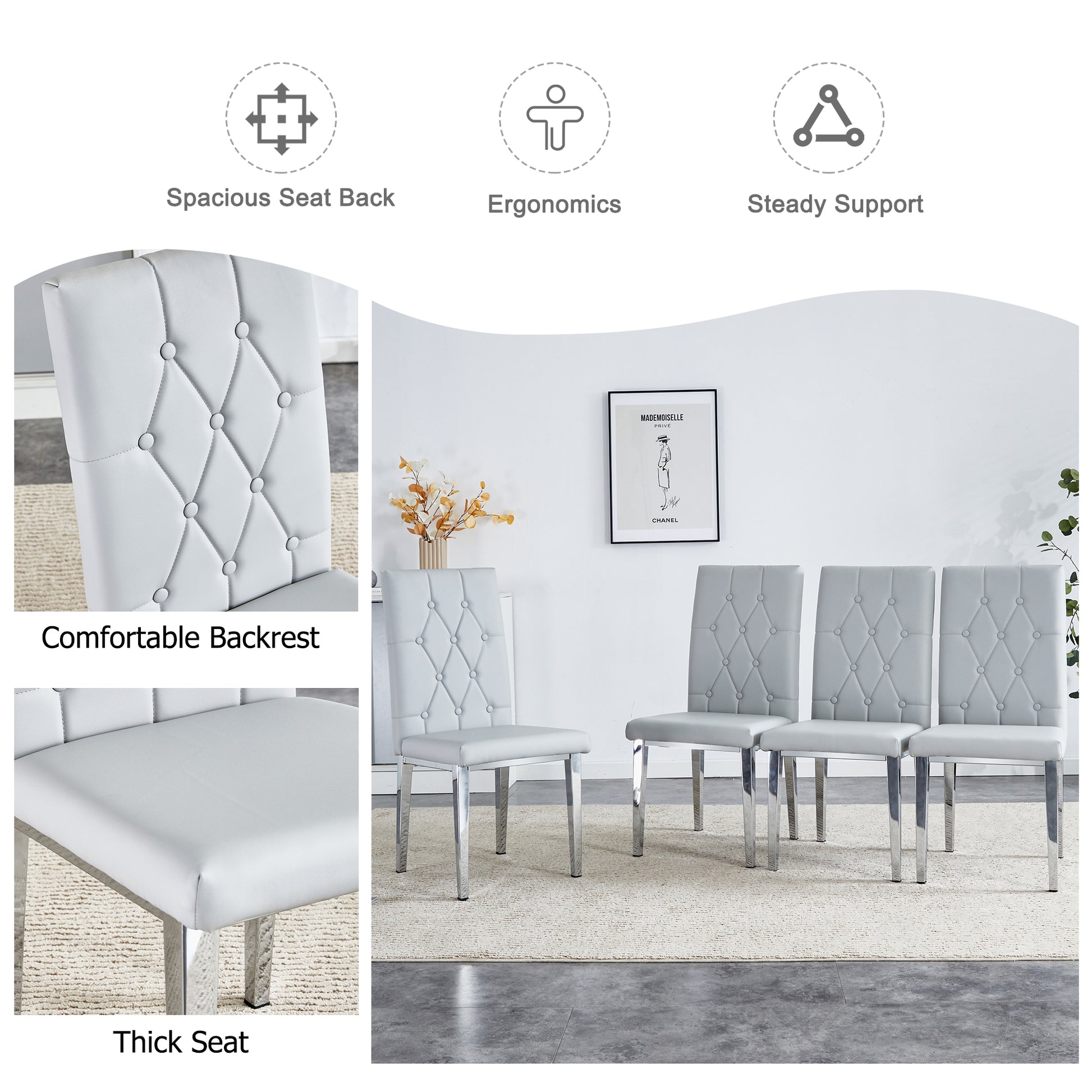 2 Piece Dining Chairs.Light Gray Provides A Modern Feel, While The Checkered Buckle Design Has A Traditional And Classic Touch. Suitable For Various Occasions Such As Kitchens,Conference Rooms, Etc. Light Gray Pu