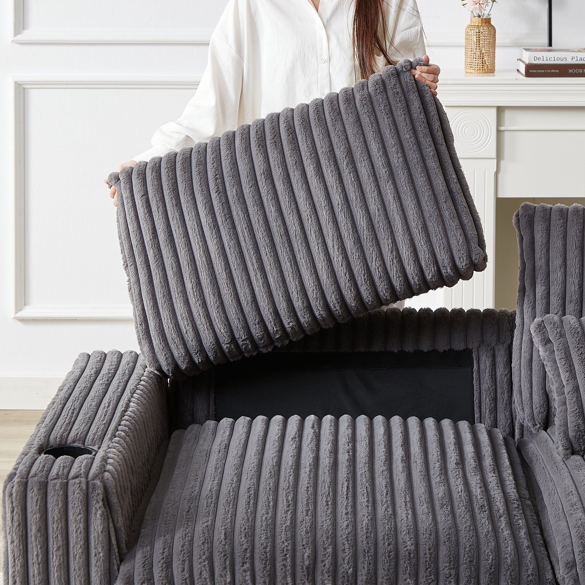 128 Inch Corduroy With Cup Holder Super Large L Shaped Sofa, Movable Footrest, Four Waist Pillows And Four Back Cushion, With Usb Port And T Pyce Port Grey Corduroy 4 Seat