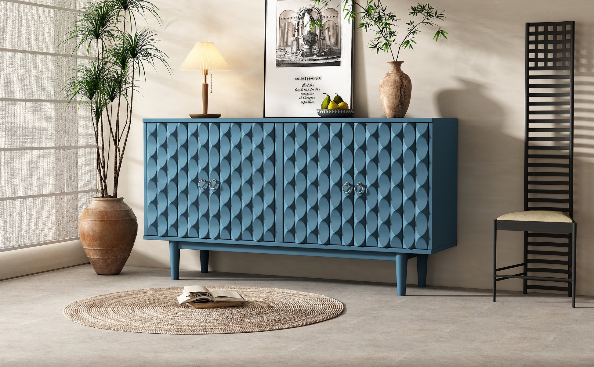 Modern 4 Door Sideboard With Convex Pattern Doors And 2 Silver Handle For Living Room, Dining Room, Kitchen Navy Navy Mdf