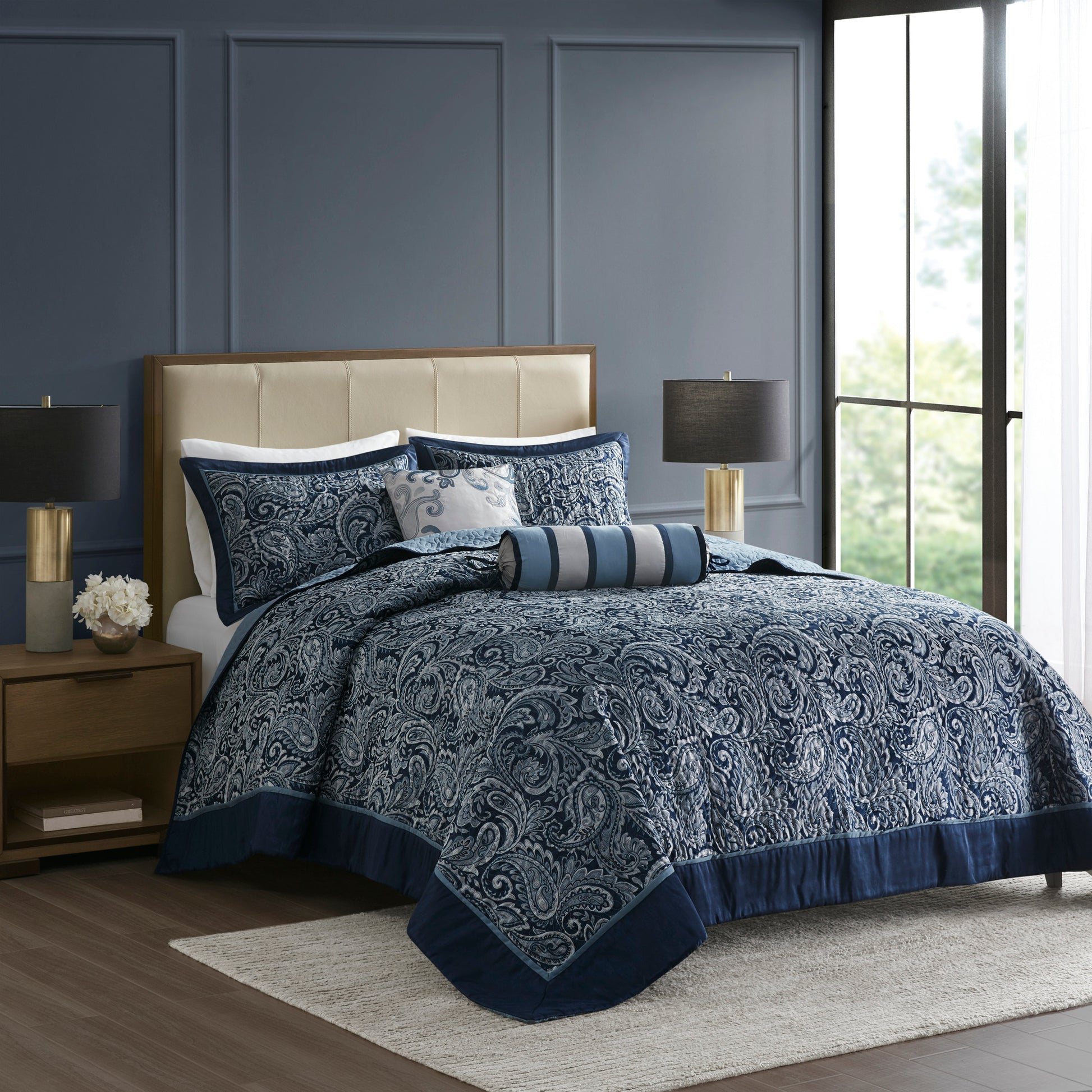 5 Piece Jacquard Bedspread Set With Throw Pillows Navy King Queen Navy Cotton