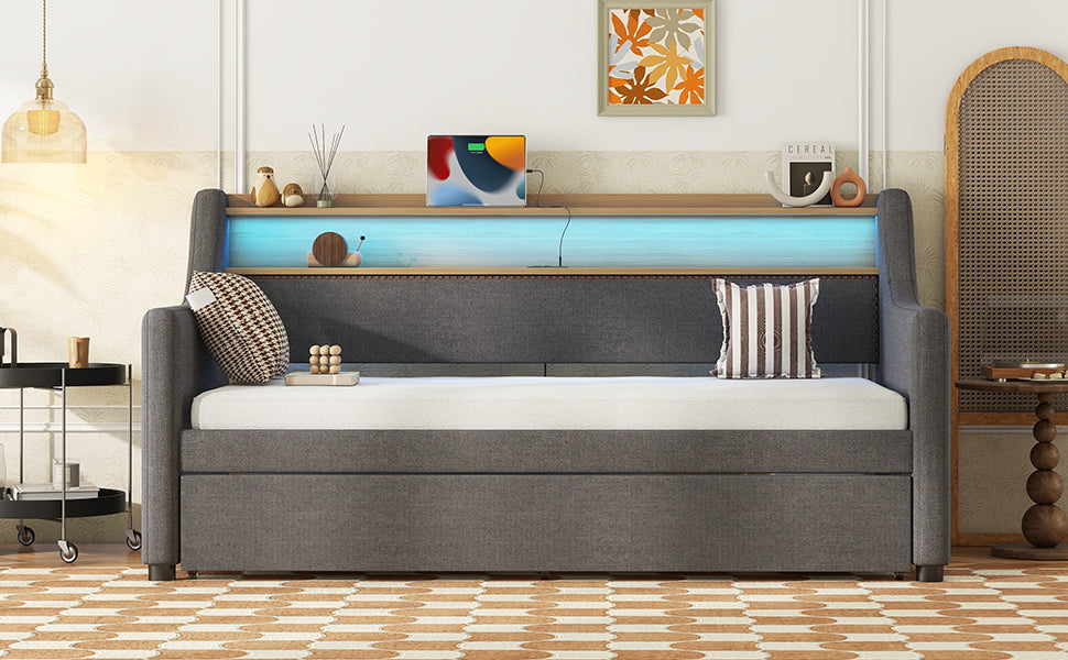 Twin Size Daybed With Trundle Bed, Upholstered Daybed With Charging Station And Led Lights, Gray Twin Gray Linen