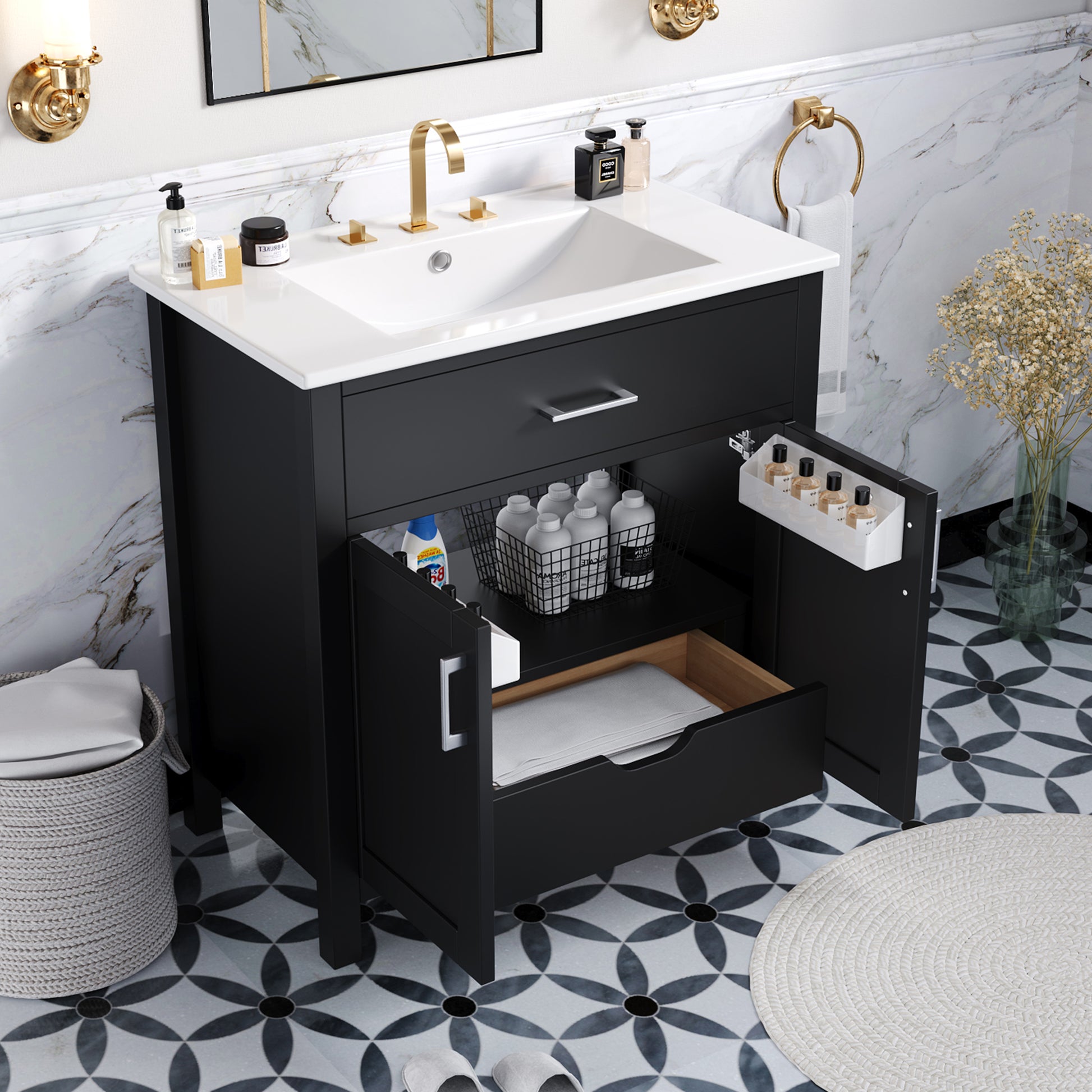 30 Inch Bathroom Vanity With Ceramic Sink And Large Storage The Perfect Choice For Small Bathrooms Black Bathroom Solid Wood Mdf