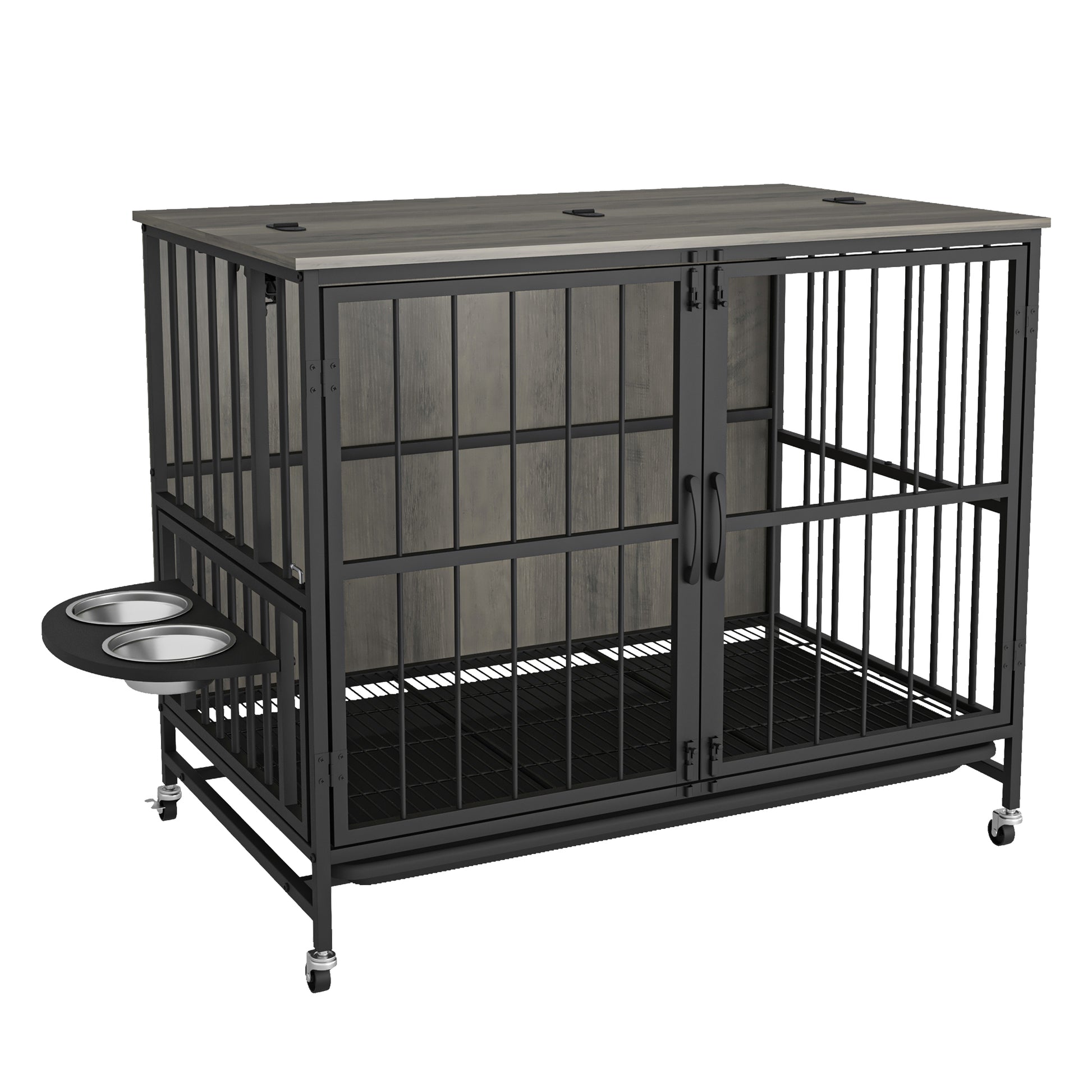 Modern Kennel Dogs Room Up To 80 Lb, Dog Crate Furniture With Multi Purpose Rremovable Ttray, Double Door Dog House, Lift Panel, 360 Degree Rotation 3 Height Adjustable Feeding Bowls Grey Antique Gray Mid Century Modern,Minimalist Dog Particle Board