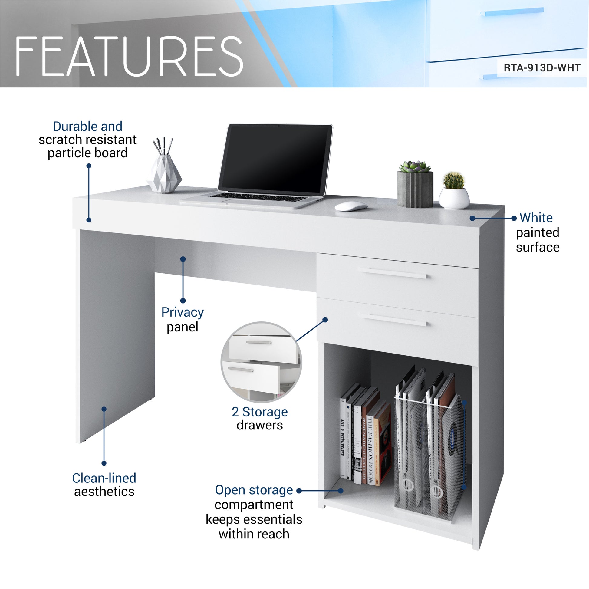 Techni Mobili Home Office Workstation With Storage, White White Writting Desk Modern Rectangular Rectangular Particle Board