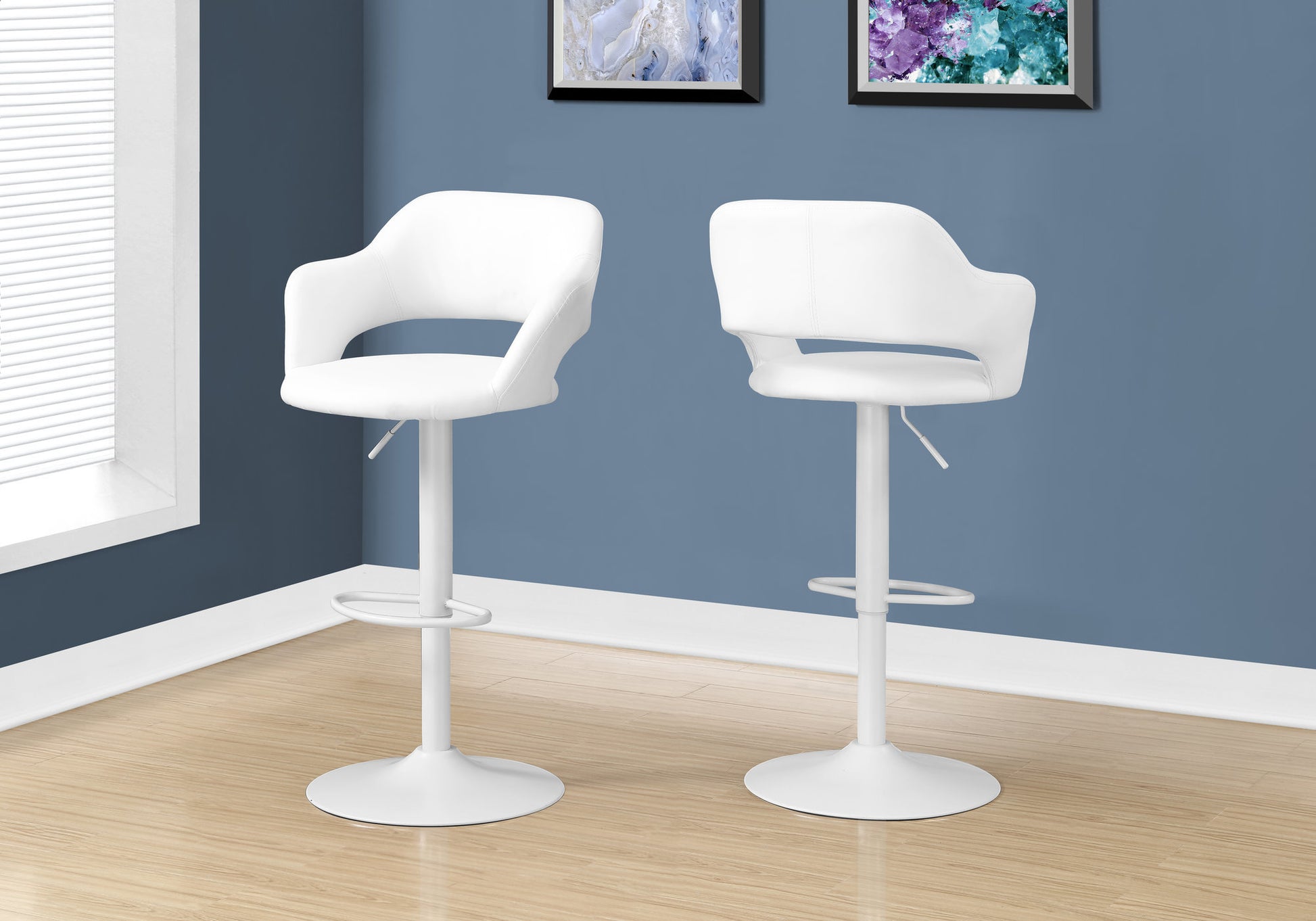 Bar Stool, Swivel, Bar Height, Adjustable, White Metal, Leather Look, Contemporary, Modern White Foam Faux Leather