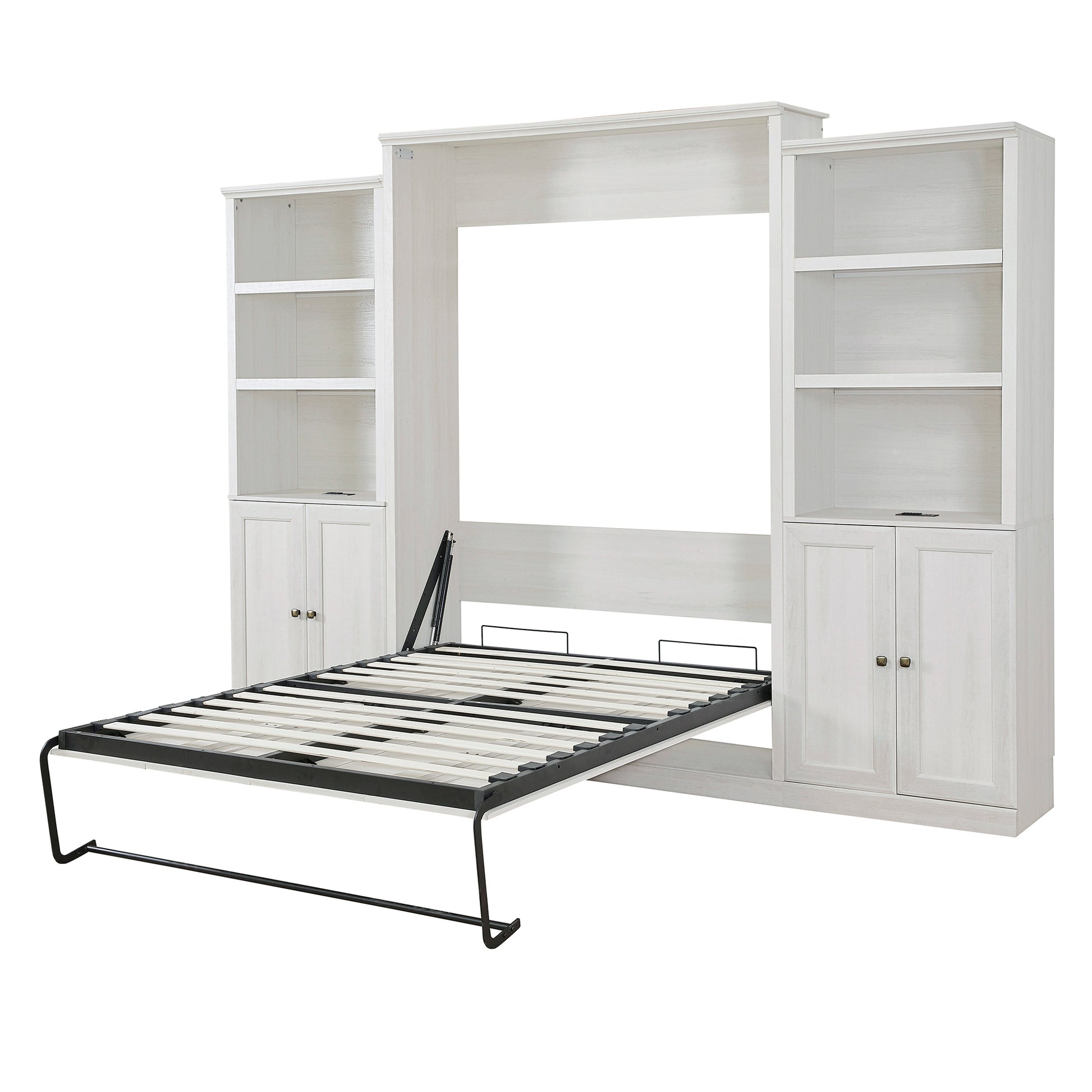 Queen Size Half Self Close And Open Murphy Bed With 2 Side Cabinet Storage Shelf, Cabinet Space Saving Bed Perfect For Guest Room, Bed Room, Guest Room, Home Office, Rustic White Box Spring Not Required Queen Rustic White Wood White Pine Murphy Solid