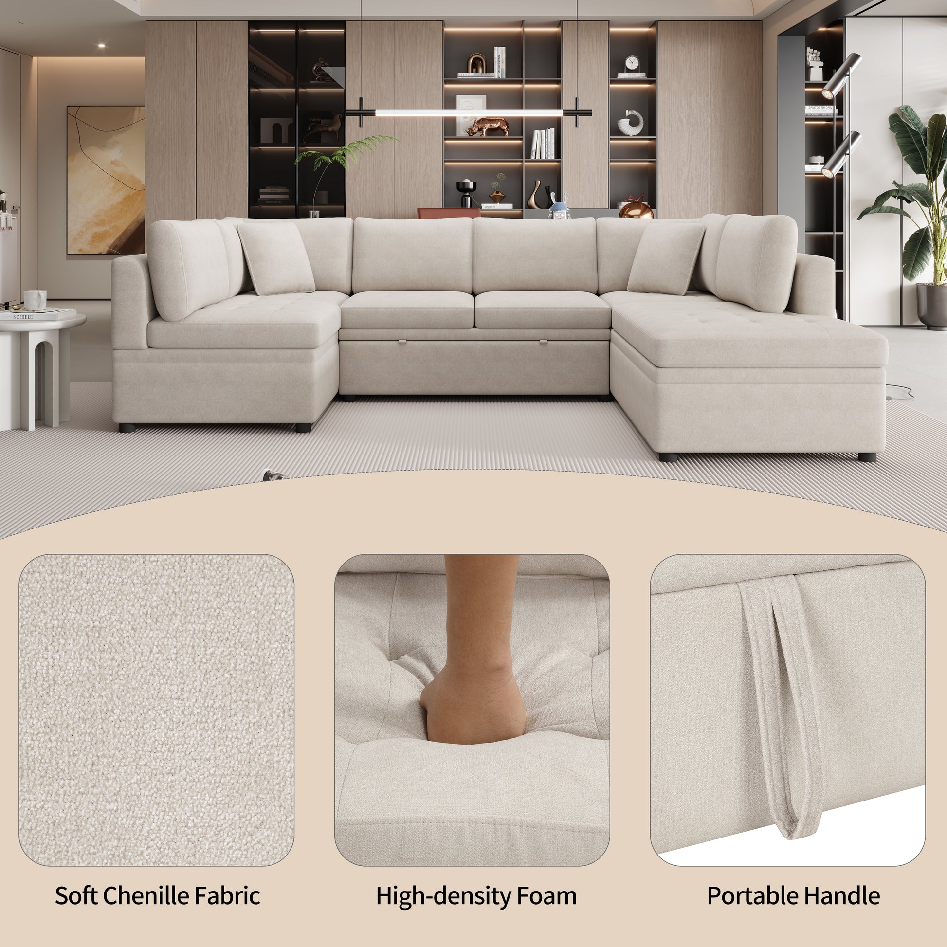 117.3" Oversized Sectional Sofa U Shaped Sofa Couch Pull Out Sofa Bed With Two Throw Pillows For Living Room, Beige Beige Foam Chenille 4 Seat