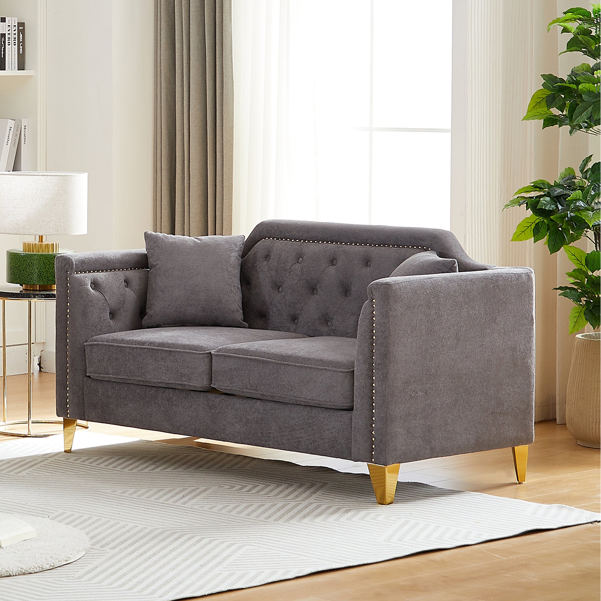 Fx 61.5"Mid Century Design Modern Sofa,Chenille Pull Buckle Design Sofa For Living Room,Buttons Tufted With Copper Nail Decoration Armrest, With 2 Pillows,Modern Couch Upholstered Button And Metal Leg Grey Chenille Wood Pine Foam Fabric 2 Seat