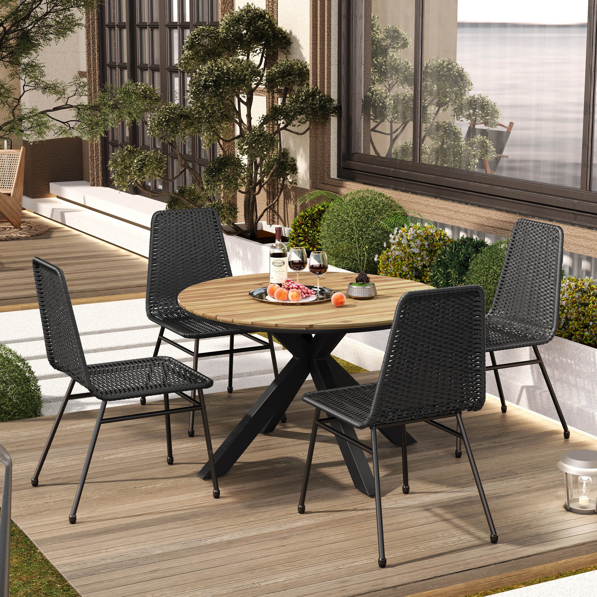 Dining Table And Chairs Set Dark Brown Pe Rattan Iron