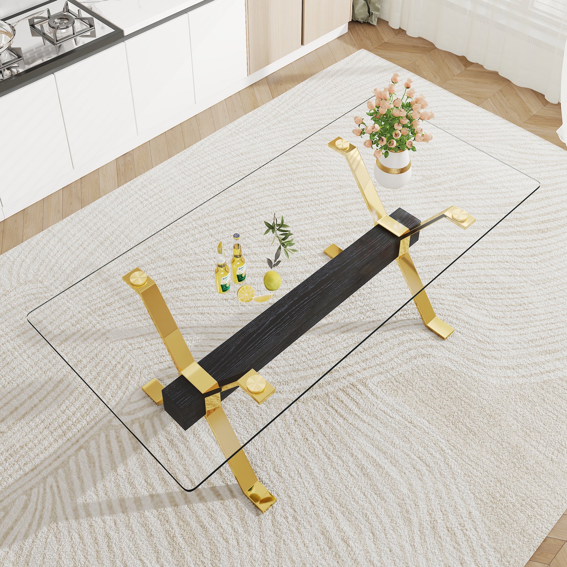 Dining Table. Modern Tempered Glass Dining Table. Large Modern Office Desk With Gold Metal Legs And Mdf Crossbars, Suitable For Home And Office Use. Kitchen .71 ''X35.4''X30 '' 1105 Transparent Glass