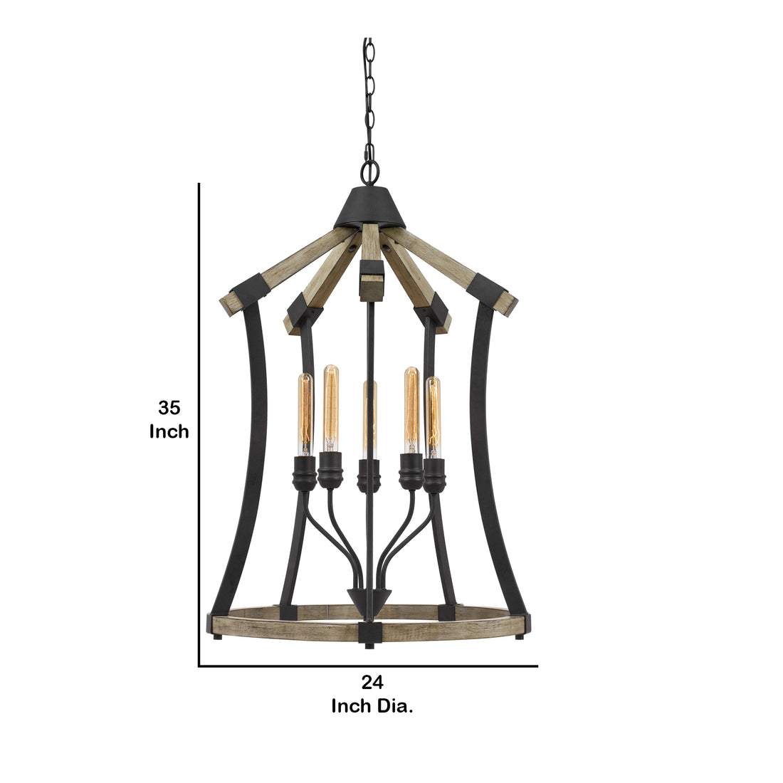 5 Bulb Pendant Fixture With Wooden And Metal Frame, Brown And Black Black Brown Wood Metal