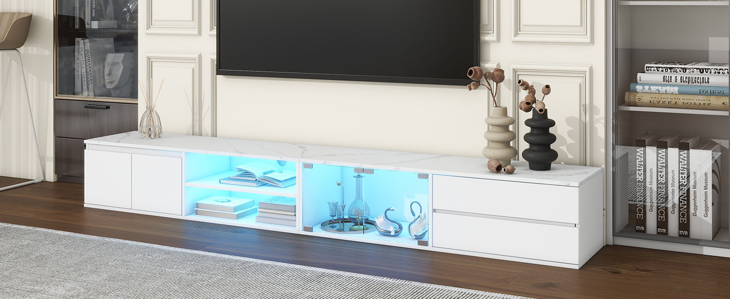 Modern App Controlled Led Tv Stand For Tvs Up To 105'', Faux Marble Tabletop Media Console With Tempered Glass Doors, Entertainment Center With 2 Drawers & Cabinets For Living Room, White White 90 Inches Or Larger Particle Board Mdf