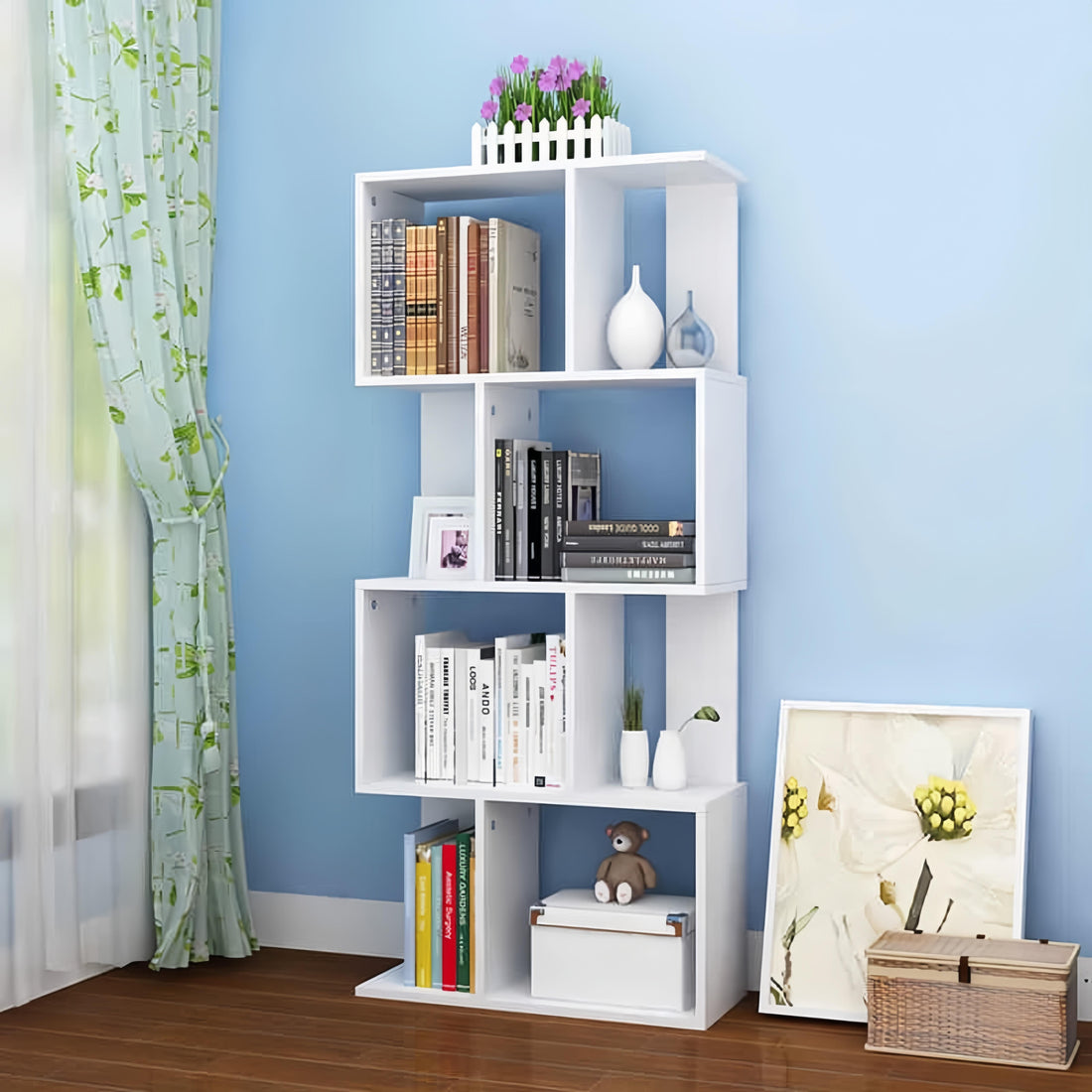 Dfw 4 Tier Storage Shelf S Shaped Bookcase, Multifunctional Wooden Display Decor Furniture, Free Standing Industrial Storage Rack For Living Room Bedroom Office, Modern 4 Shelf Bookcase 1 White 4
