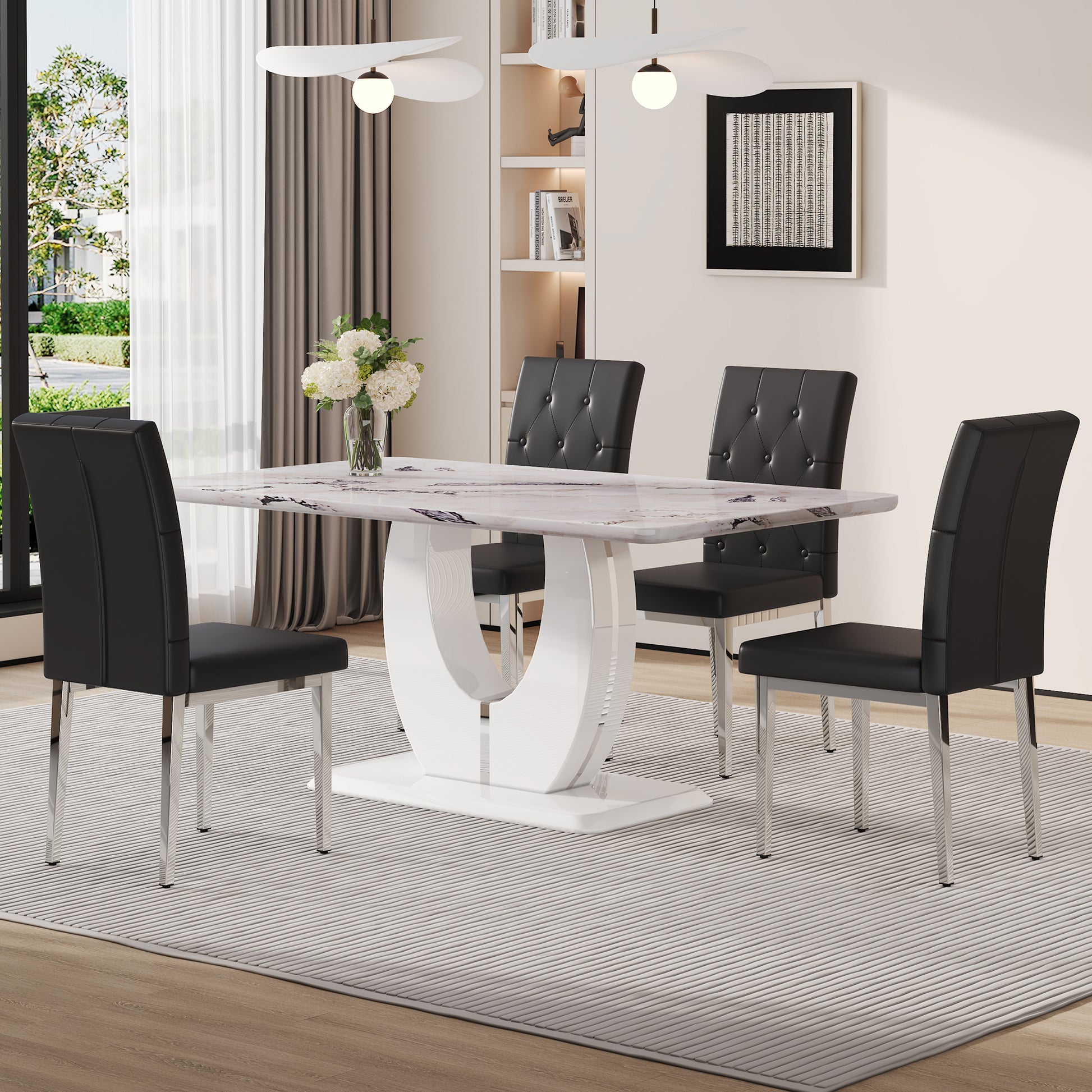 Table And Chair Set, Modern Minimalist White Marble Textured Rectangular Dining Table. Suitable For Restaurants And Living Rooms. Soft Cushion Seats.F 1280 White Mdf