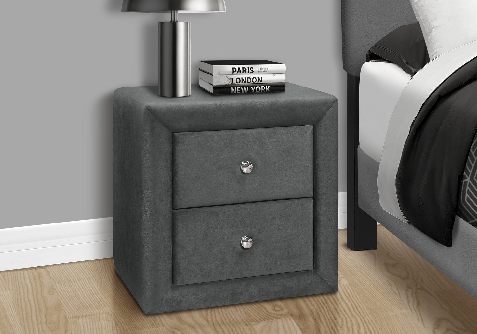 Nightstand, Nightstand, End, Side, Lamp, Storage Drawer, Bedroom, Upholstered, Grey Velvet, Transitional Grey Mdf