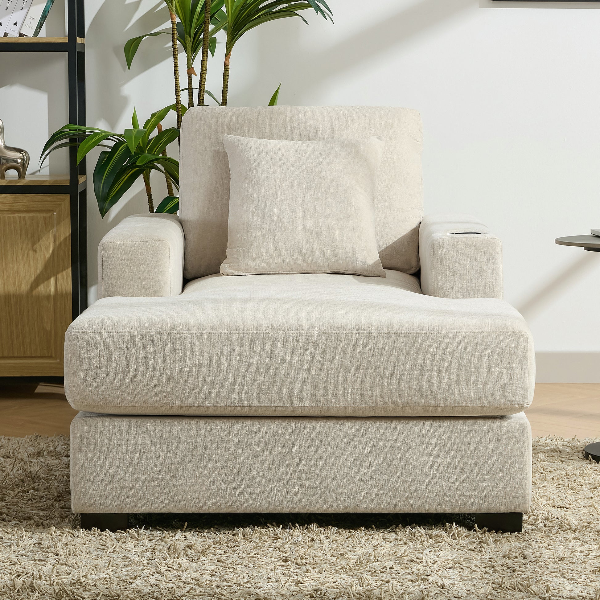 39.7" Oversized Chaise Lounger Modern Style Sofa Couch ,With Pillows, Charge Station & Cup Holders, Chenille Fabric, Cream Cream Chenille
