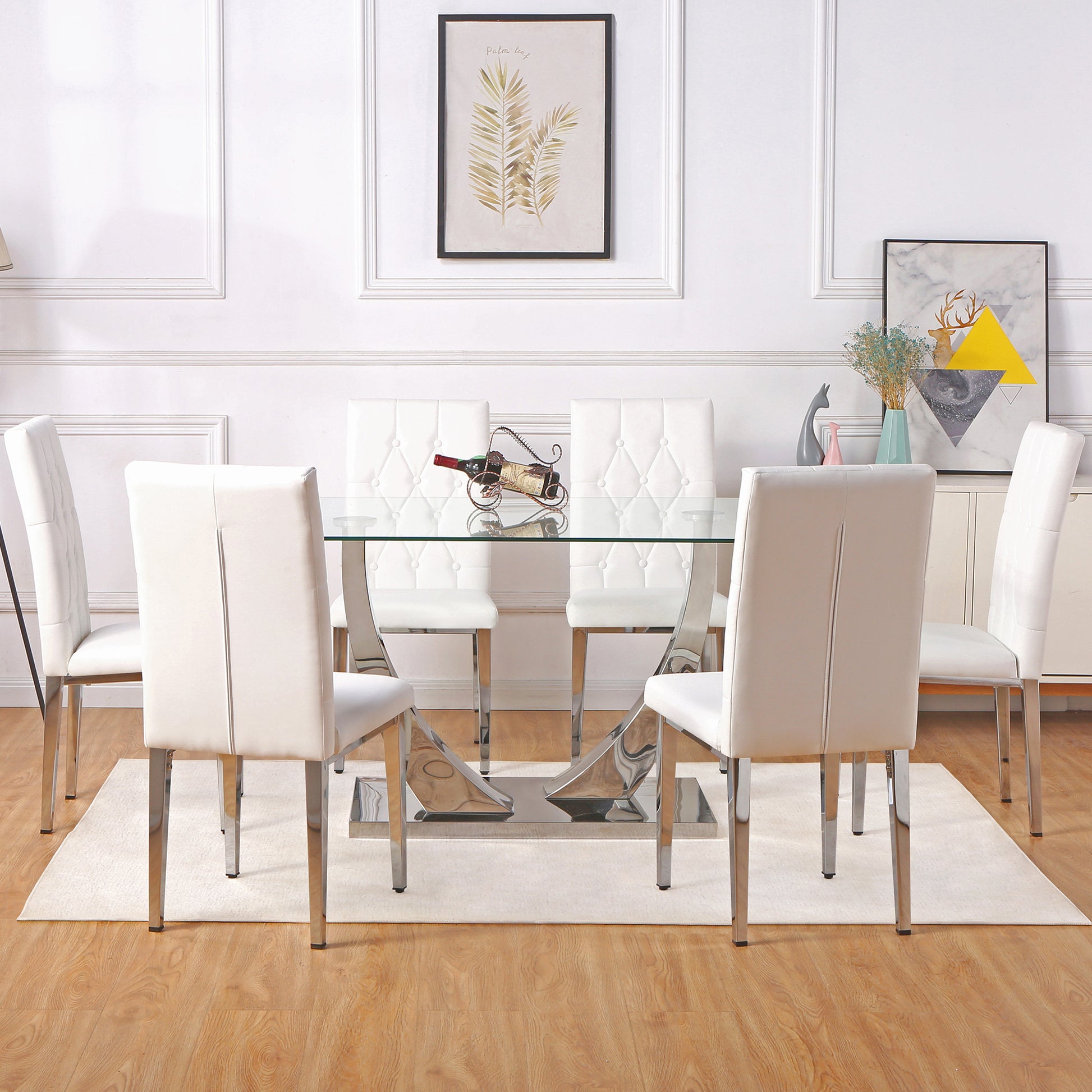 Table And Chair Set, Modern Dining Table, Tempered Glass Tabletop And Silver Colored Leg Table, Soft And Comfortable Dining Chair, Perfect For Dinner, Meetings, Home And Office Decor White Seats 6 Glass
