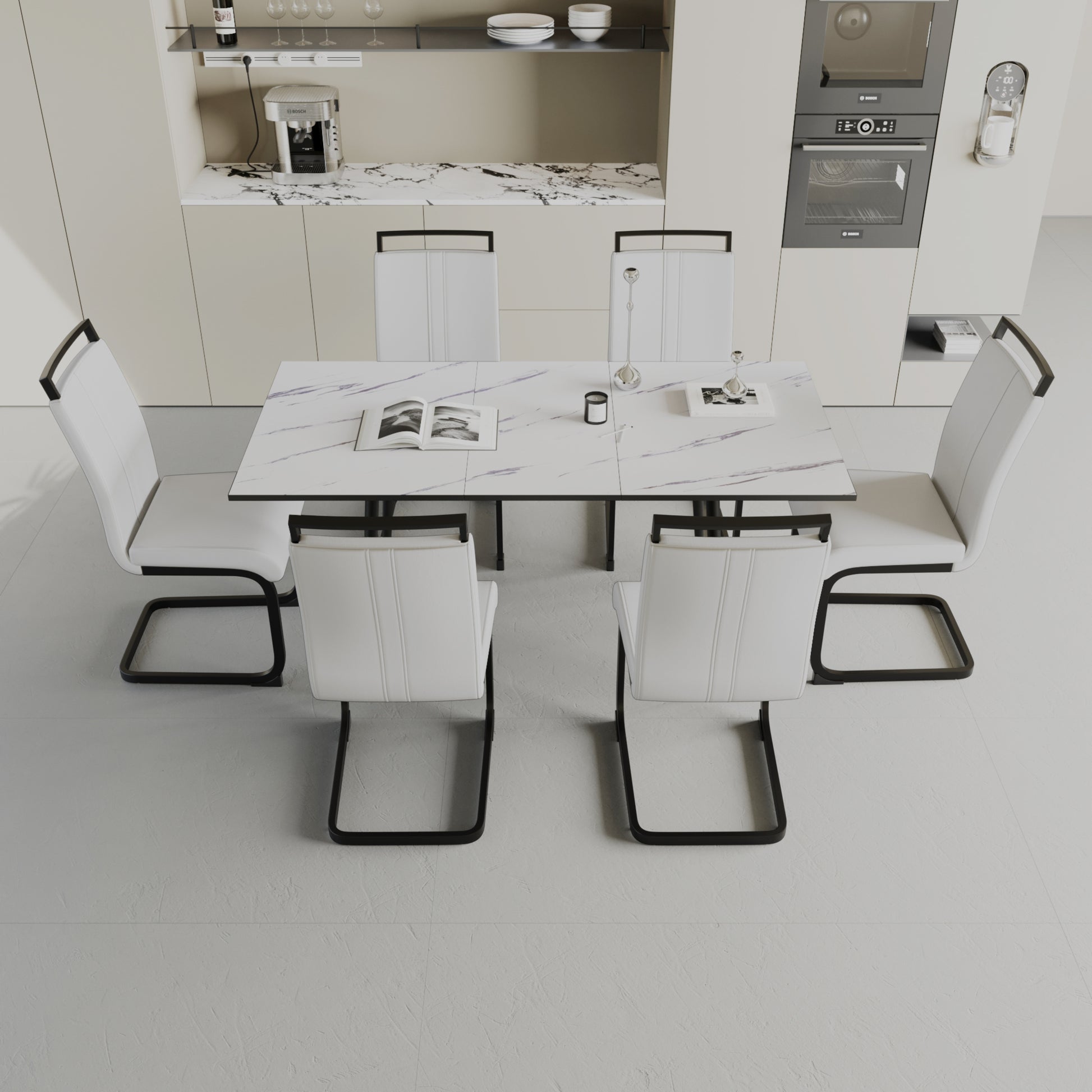 An Expandable Dining Table Set For 2 6 People, Equipped With A C Shaped Tubular Cushioned Armless Dining Chair And An Elegant And Spacious Dining Table Kitchen Table And Chair Set, With Metal Legs White Mdf