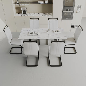 An Expandable Dining Table Set For 2 6 People, Equipped With A C Shaped Tubular Cushioned Armless Dining Chair And An Elegant And Spacious Dining Table Kitchen Table And Chair Set, With Metal Legs White Mdf