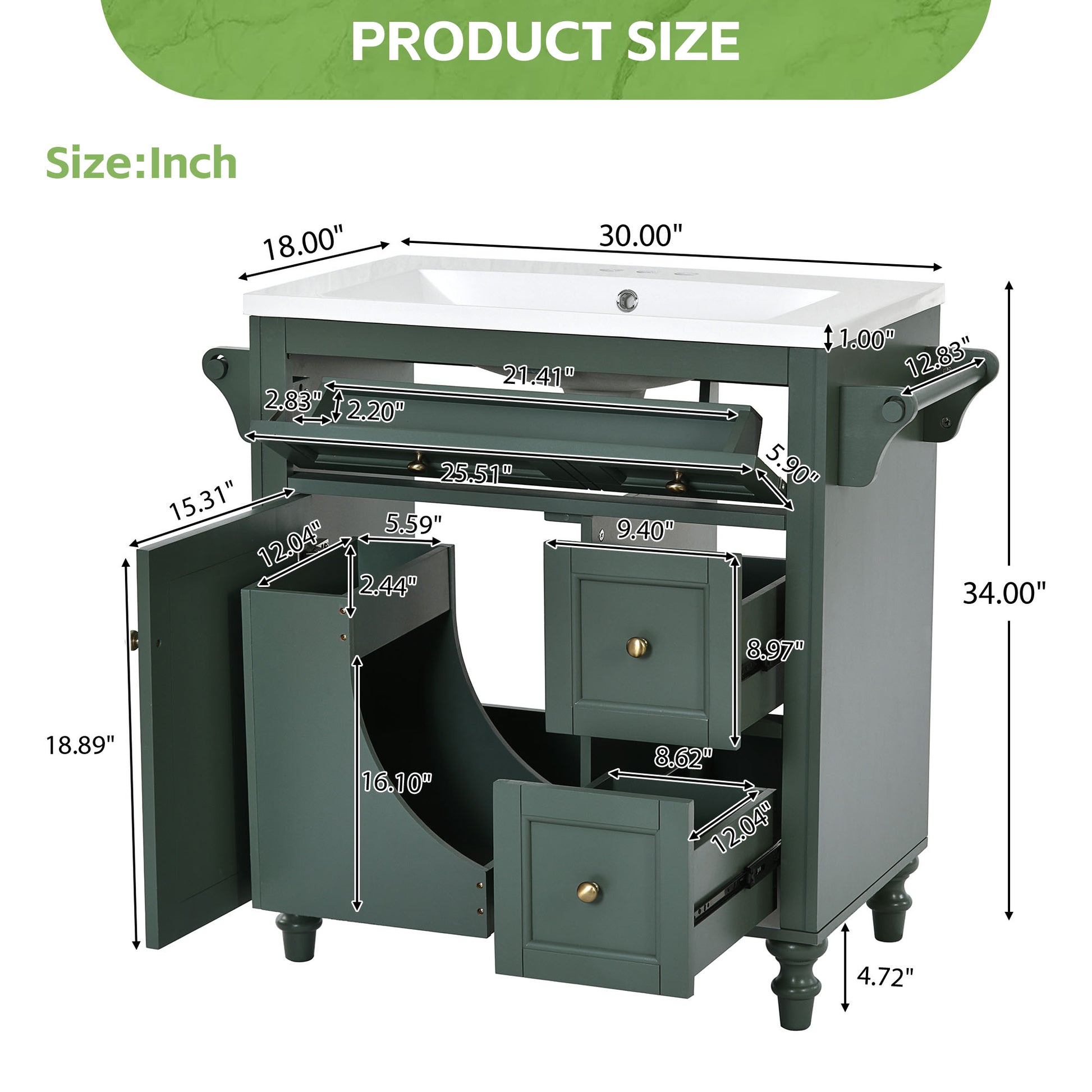 30'' Bathroom Vanity With Top Sink, Modern Bathroom Storage Cabinet With 2 Drawers And A Tip Out Drawer, Single Sink Bathroom Vanity Same As N710S130001F Green Bathroom Modern Solid Wood Mdf Resin