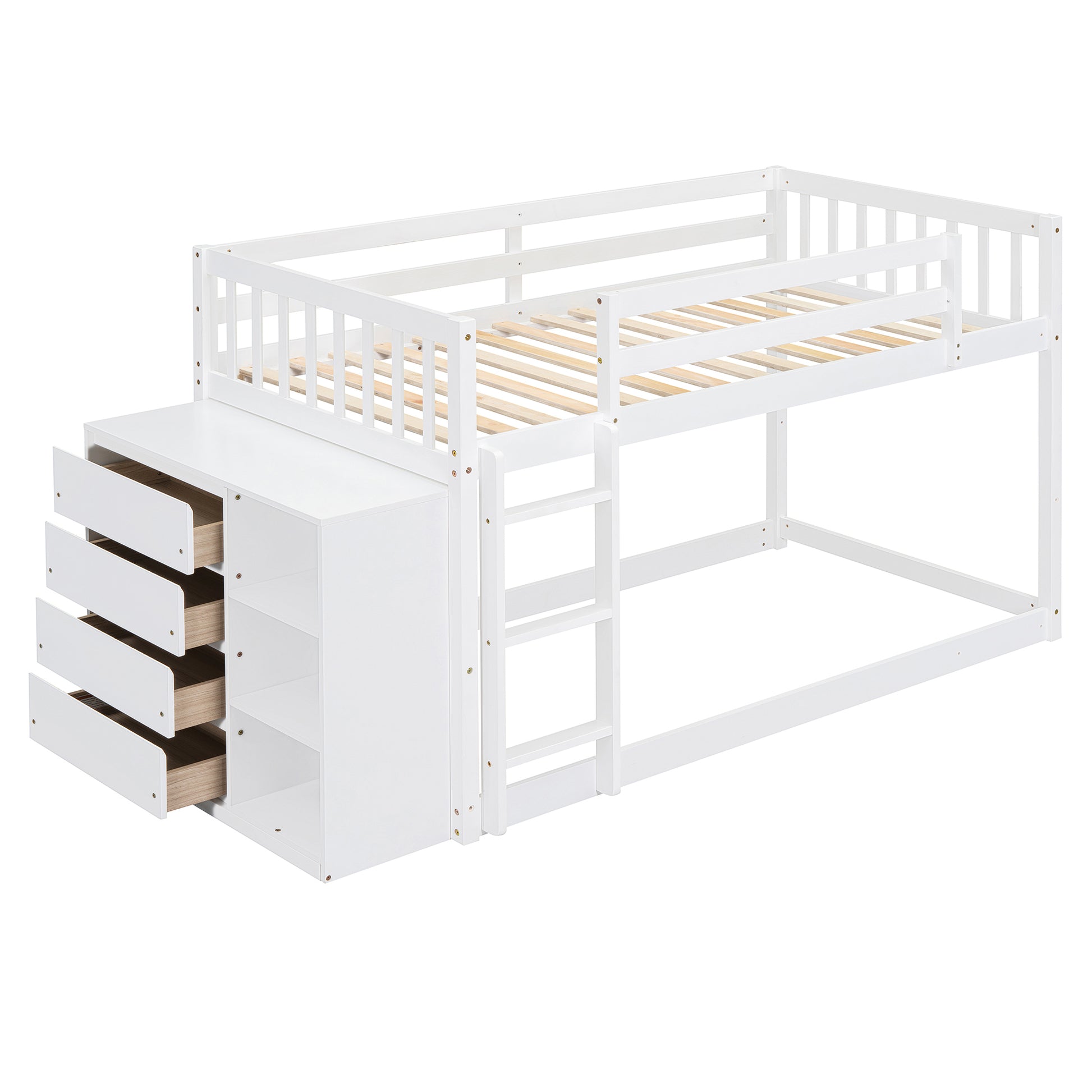 Twin Over Twin Bunk Bed With 4 Drawers And 3 Shelves White Twin White Solid Wood