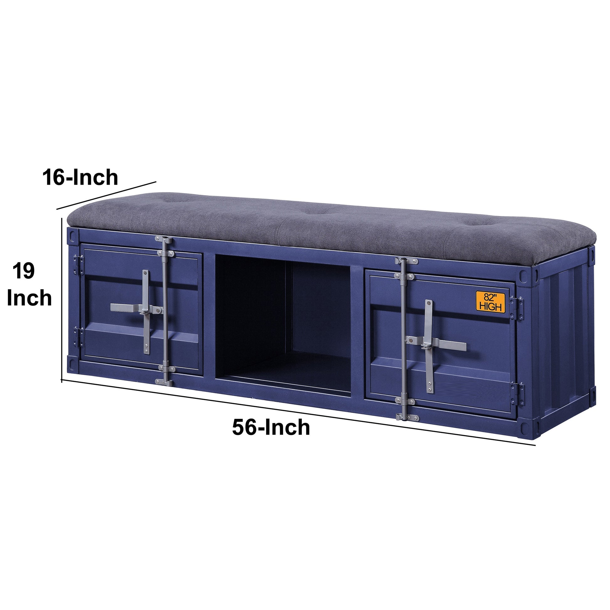 Industrial Metal And Fabric Bench With Open Storage, Blue And Gray Blue Grey Fabric Metal