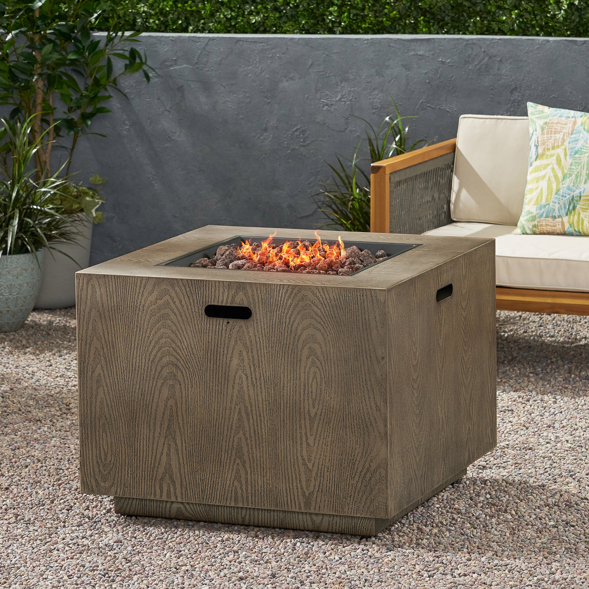 Outdoor Patio Gas Burning Fire Pit 50, 000 Btu Tank Inside, Square, Iron Wood Pattern, Brown Wood Iron