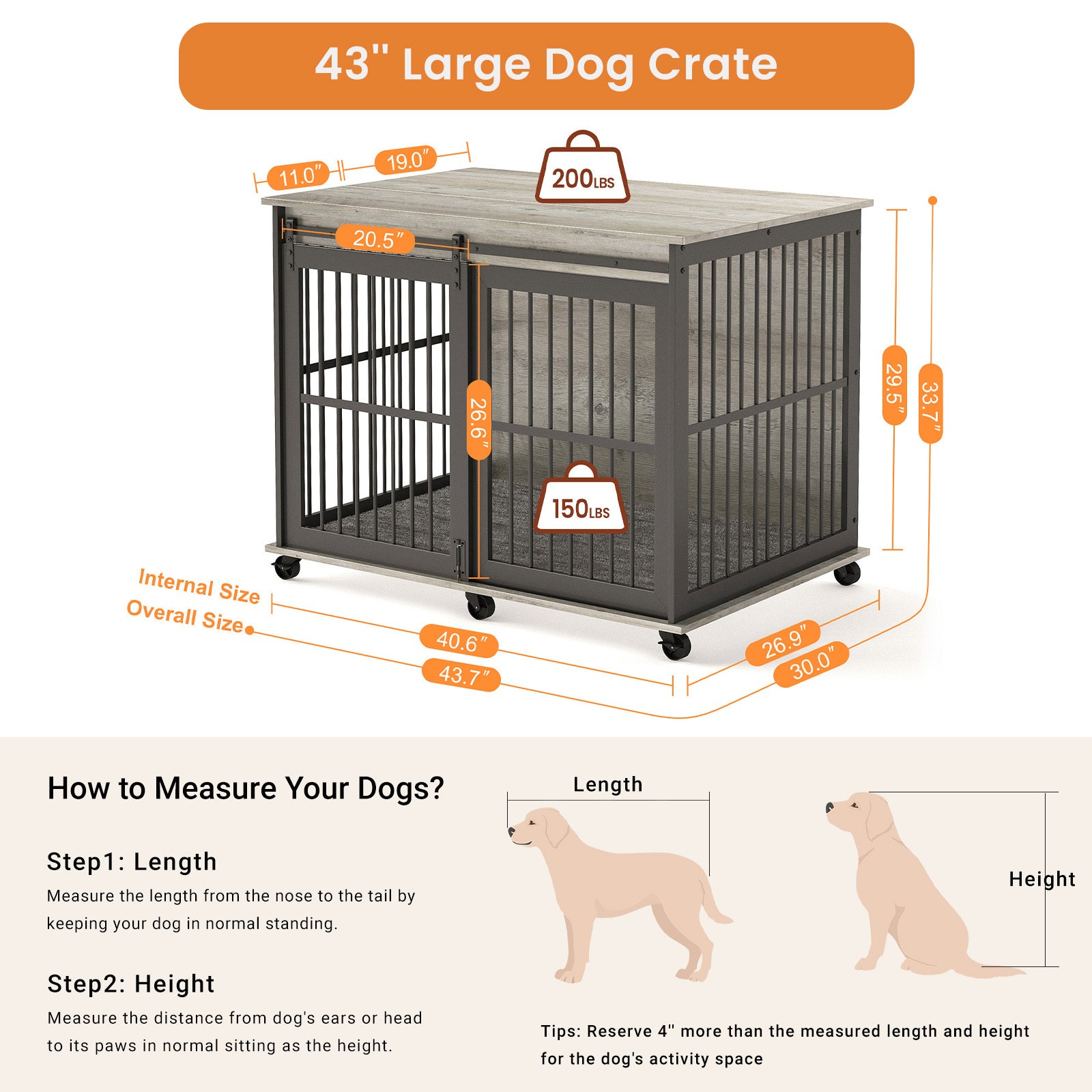 Furniture Dog Crate Sliding Iron Door Dog Crate With Mat. Grey,43.7''W X 30''D X 33.7''H Grey Dog Particle Board