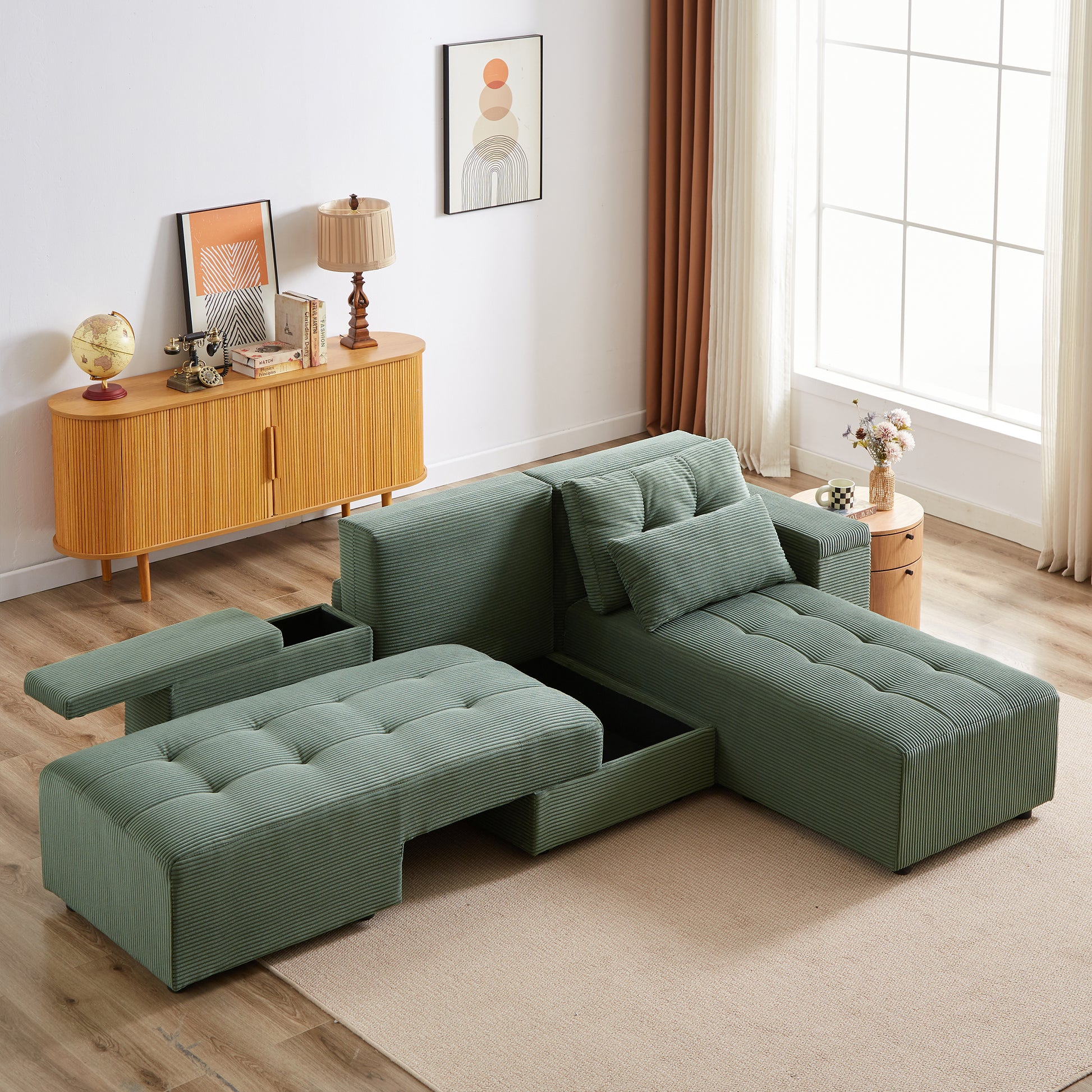 Convertible 3 In 1 Sleeper Sofa And Sectional Sofa With 4 Storage Space For Living Room,Corduroy Couch With 4 Pillows,Corduroy Army Green Corduroy 3 Seat