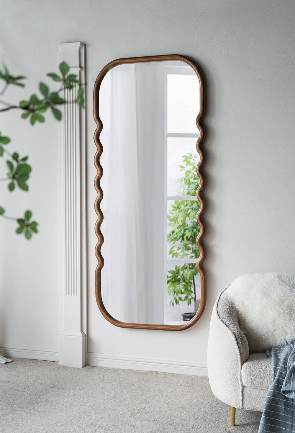 31.4X1.4X74" Oversized Wooden Floor Mirror With Unique Brown Frame Brown Pine