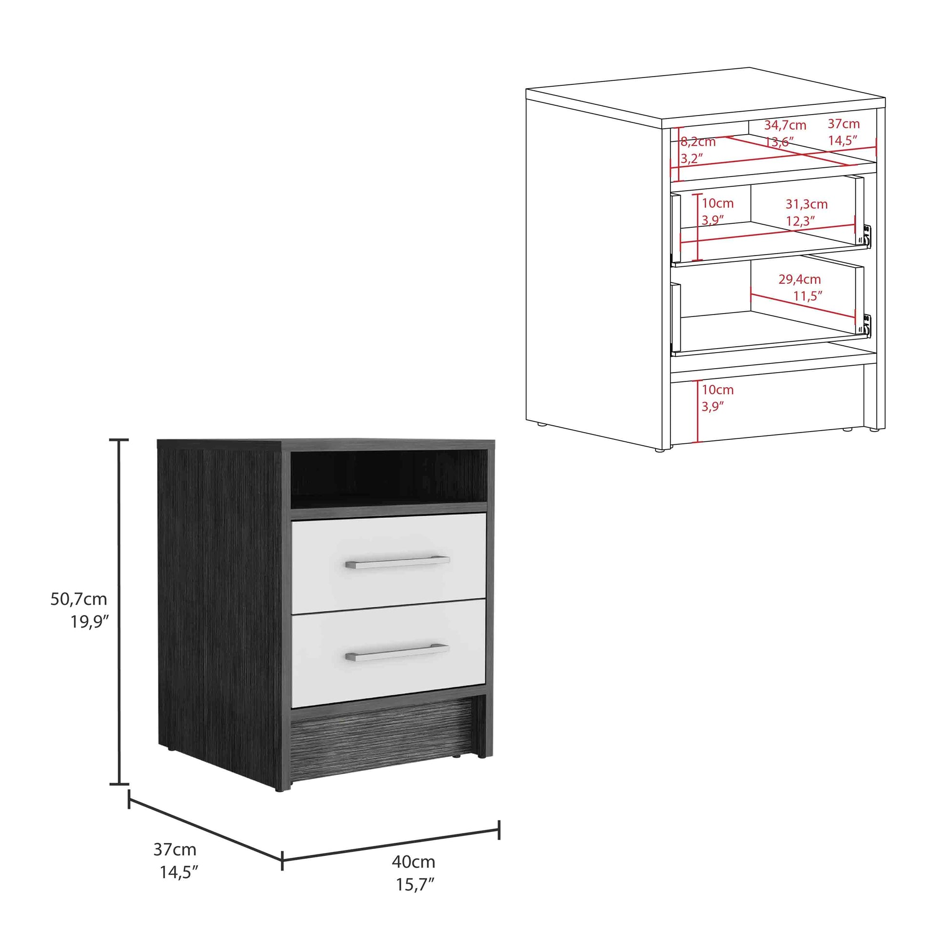 Philadelphia Nightstand, Two Drawers, Concealed Shelf Multicolor,Smoke Grey,White Mdf Engineered Wood