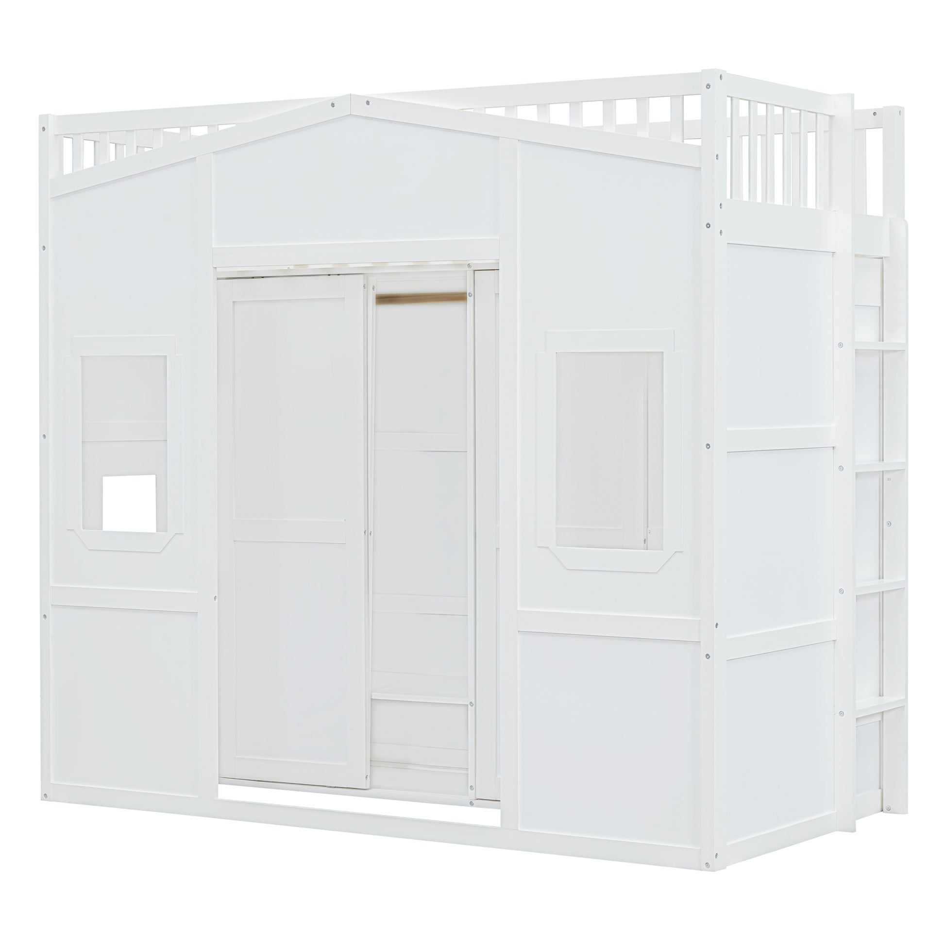 Twin Size House Loft Bed With Ladder And Wardrobe White Twin White Solid Wood