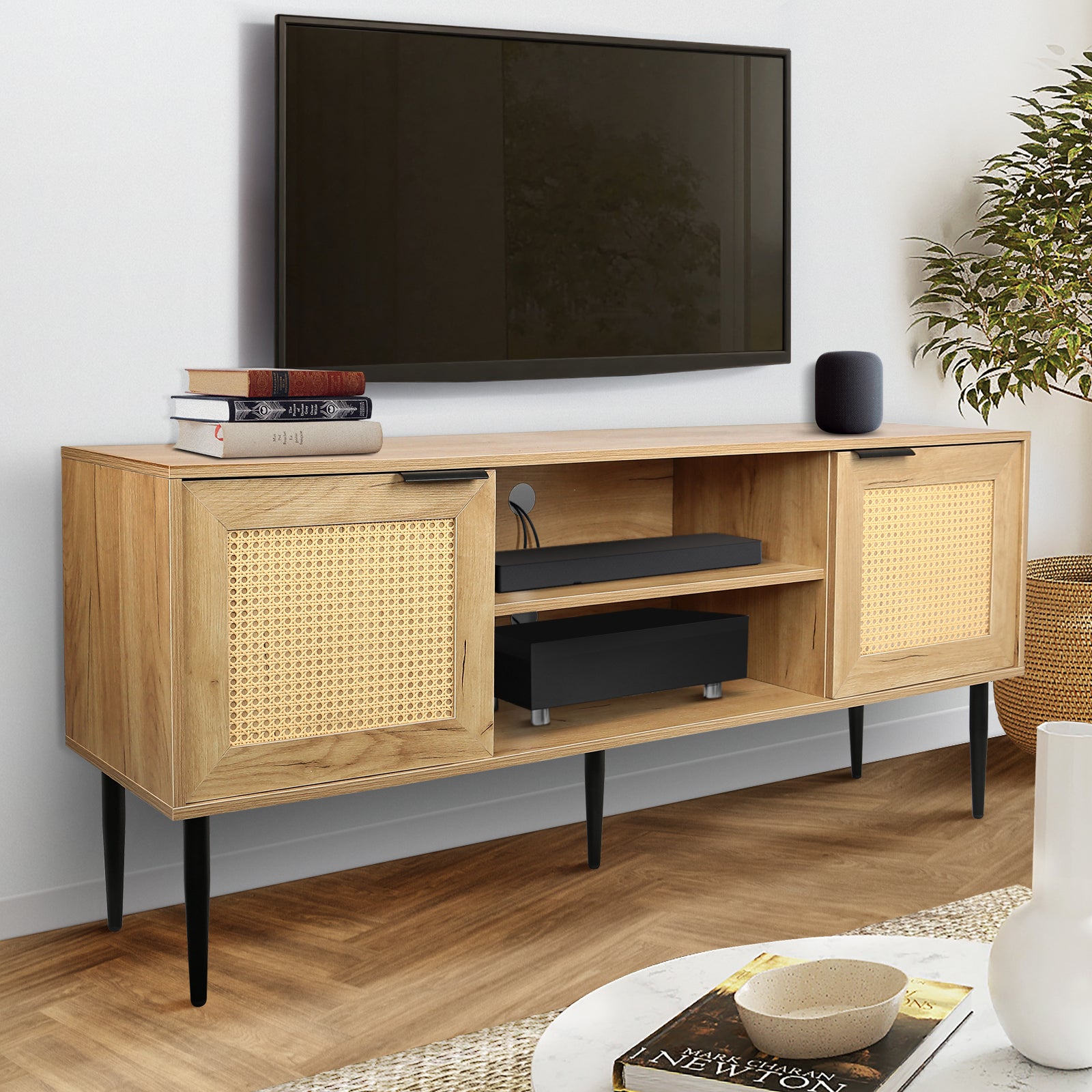 Wooden Tv Stand For Tvs Up To 65 Inches,With 2 Rattan Decorated Doors And 2 Open Shelves,Living Room Tv Console Table Wooden Entertainment Unit, Natural Color Natural Particle Board