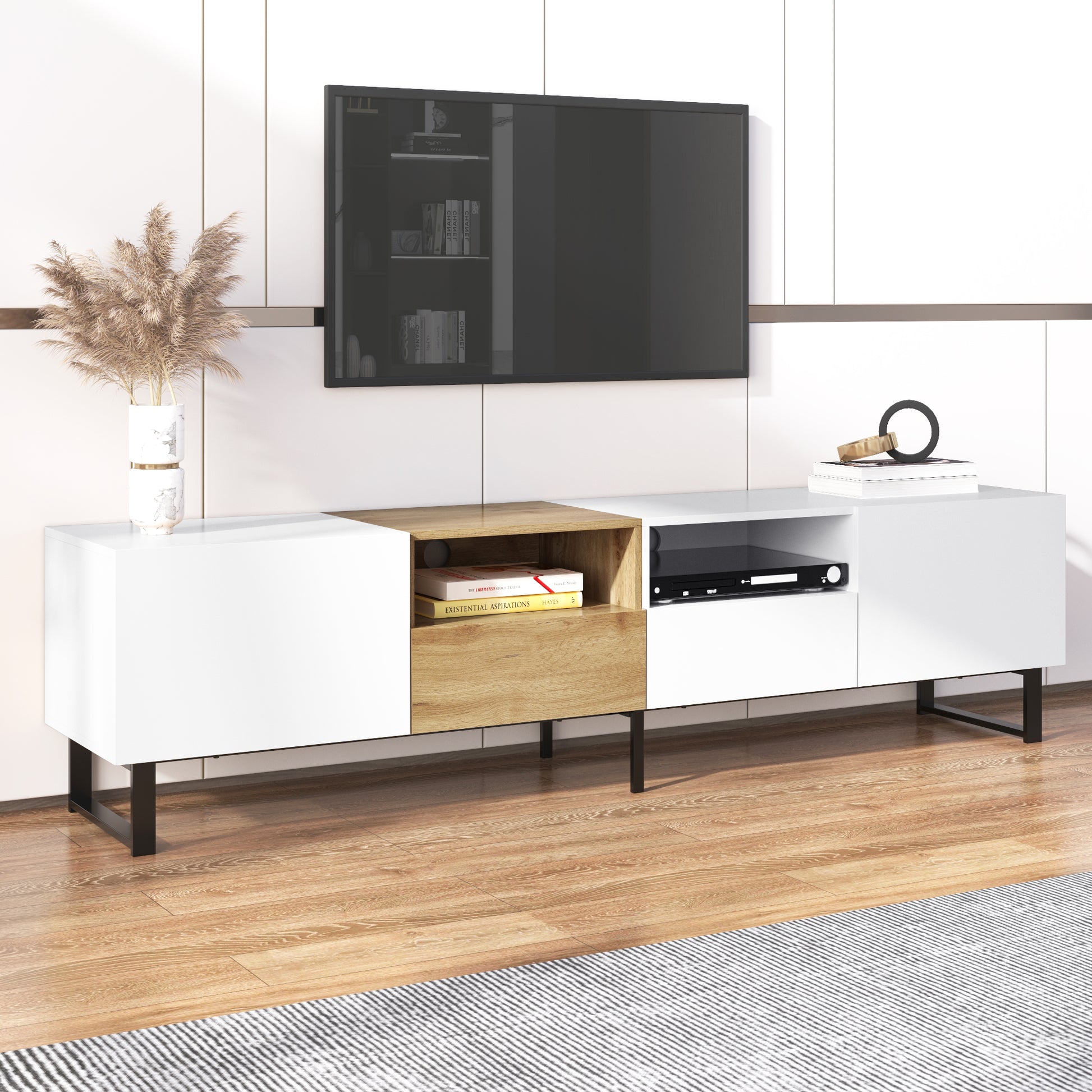 Modern Tv Stand With 2 Cabinets& Open Storage Compartment, Color Matching Media Console Table For Tvs Up To 85'', Entertainment Center With Drop Down Door For Living Room, Bedroom, Home Theatre Wood Brown Primary Living Space 70 79 Inches 90 Inches Or