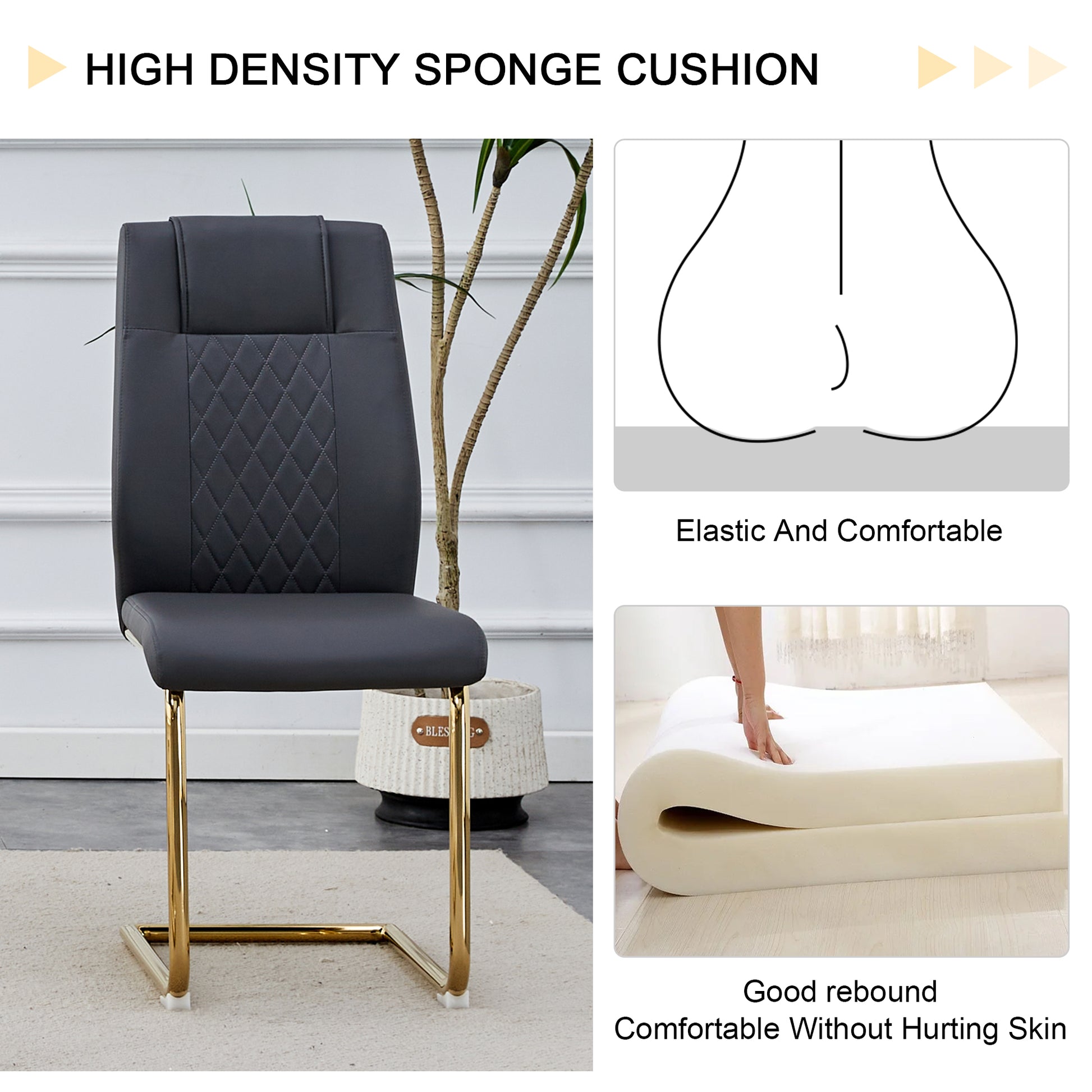 Table And Chair Set.Large Modern Rectangular Table With 0.4 Inch Patterned Glass Tabletop And Large Mdf Table Legs.Comes With 8 Chairs With Faux Leather Cushioned Seats And Golden Metal Legs. Gold White Seats 8 Mdf Glass