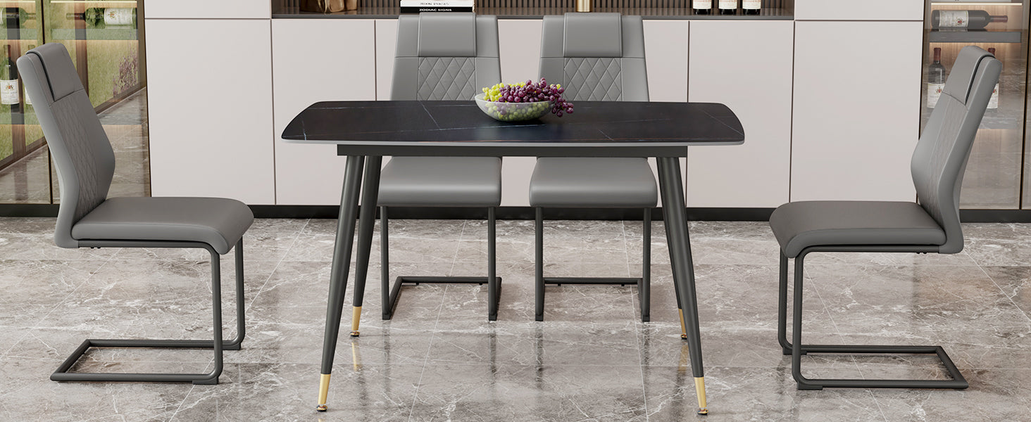 Table And Chair Set. Large Modern Rectangular Table With Black Textured Top And Black Metal Legs. Soft And Comfortable Pu Seats, Faux Leather Upholstered Seats And Sturdy Metal Legs. Grey Black Seats 4 Sintered Stone