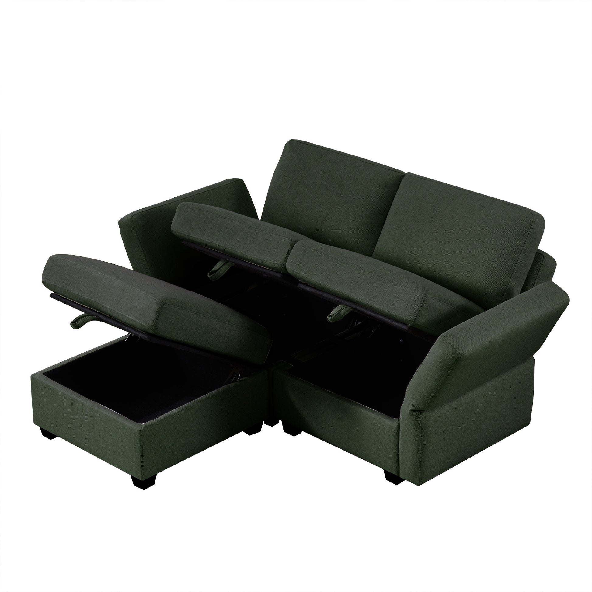 Space Saving Small Sectional Sofa With Ottoman, 2 Seater Sofa With 1 Ottoman, All Seats And Ottomans With Storage Function Green Green Polyester 2 Seat
