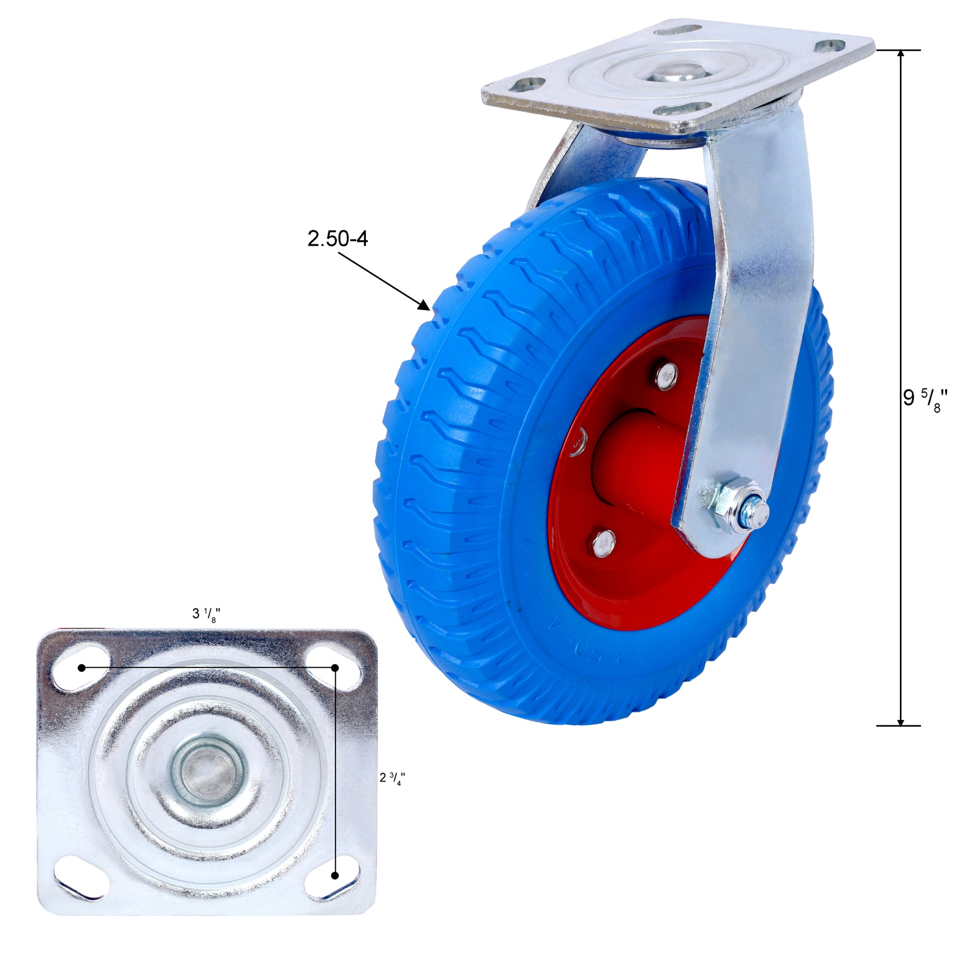 2Pcs 8In Caster Flat Free Wheel, Swivel Caster Wheel,Steel Hub With Ball Bearings, 5 8 Inch Bore Centered Axle Blue Blue Rubber