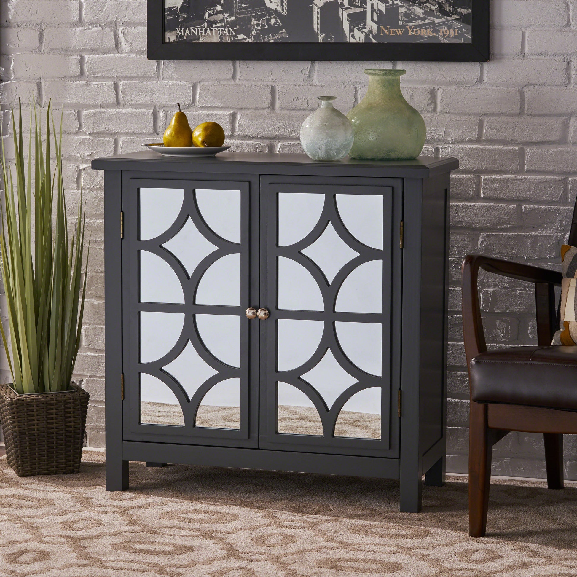 Firwood Mirror Finished Double Door Cabinet, Charcoal Grey Grey Solid Wood