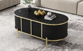 Modern Luxury Oval Shaped Fluted Coffee Table, Marble Patterned Top Coffee Table With 2 Cabinets, Metal Legs And Handles For Living Room, Black Date Of Expected Arrival: 11.20 Black Mdf