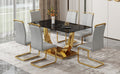 Table And Chair Set.Modern Rectangular Dining Table With Black Textured Stickers Glass Tabletop And Gold Plated Metal Legs.Paried With 6 Comfortable Chairs With Pu Seats And Golden Metal Legs. Gold,Light Gray Seats 6 Glass Metal