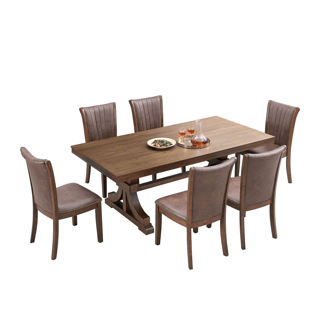 Mid Century Modern Dining Table Set For 7,Rectangular Table And 6 Kitchen Room Chairs,7 Piece Kitchen Table Set For Dining Room,Faux Leather Upholstered 6Pcs Side Chairs,Oak Oak Rubber Wood