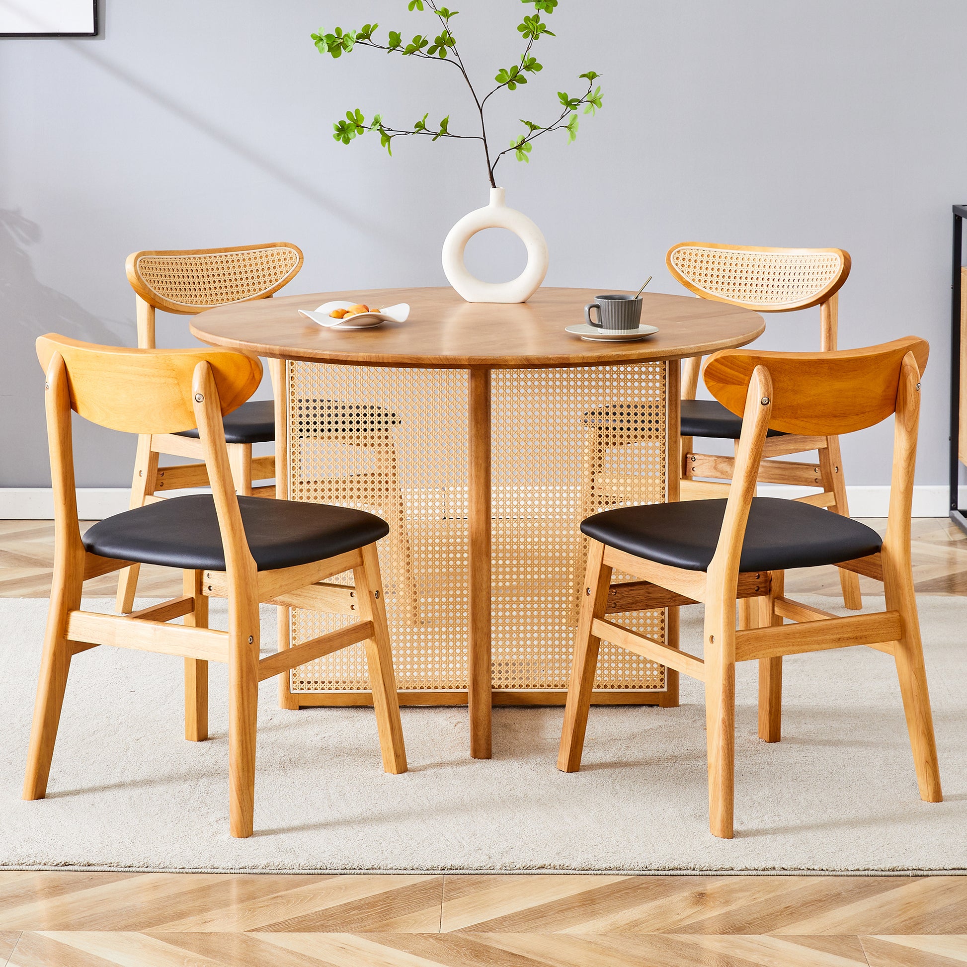 Table And Chair Set, Ancient Style Solid Wood Dining Table, Imitation Rattan Table Legs, Beautiful Simple Solid Wood Dining Chair, Perfect For Dinner, Meetings, Home And Office Decoration Wood Rubber Wood