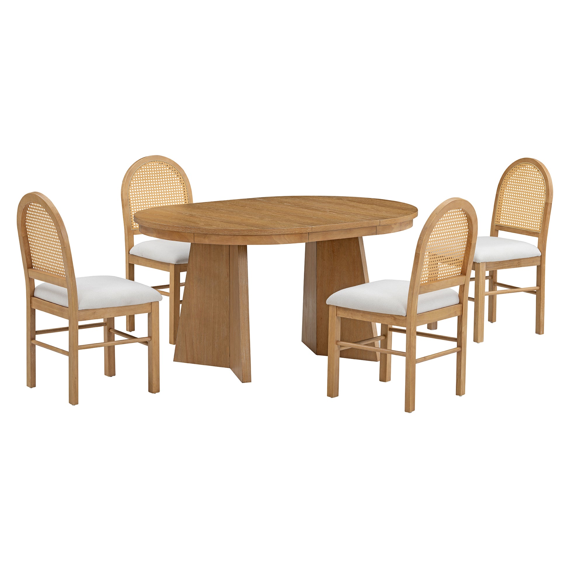 5 Piece Retro Functional Dining Set With 1 Extendable Dining Table And 4 Upholstered Chairs With Rattan Backrests For Dining Room And Kitchen Natural Wood Wash Natural Wood Wash Solid Wood Mdf